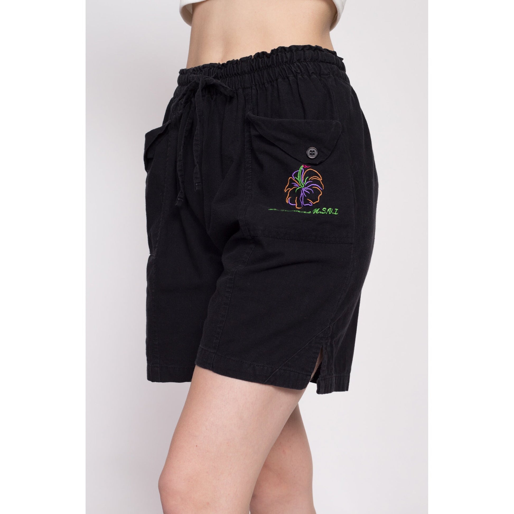 90s St Thomas Virgin Islands Cotton Shorts - One Size | Vintage Black High Rise Elastic Waist Casual Beach Surf Shorts