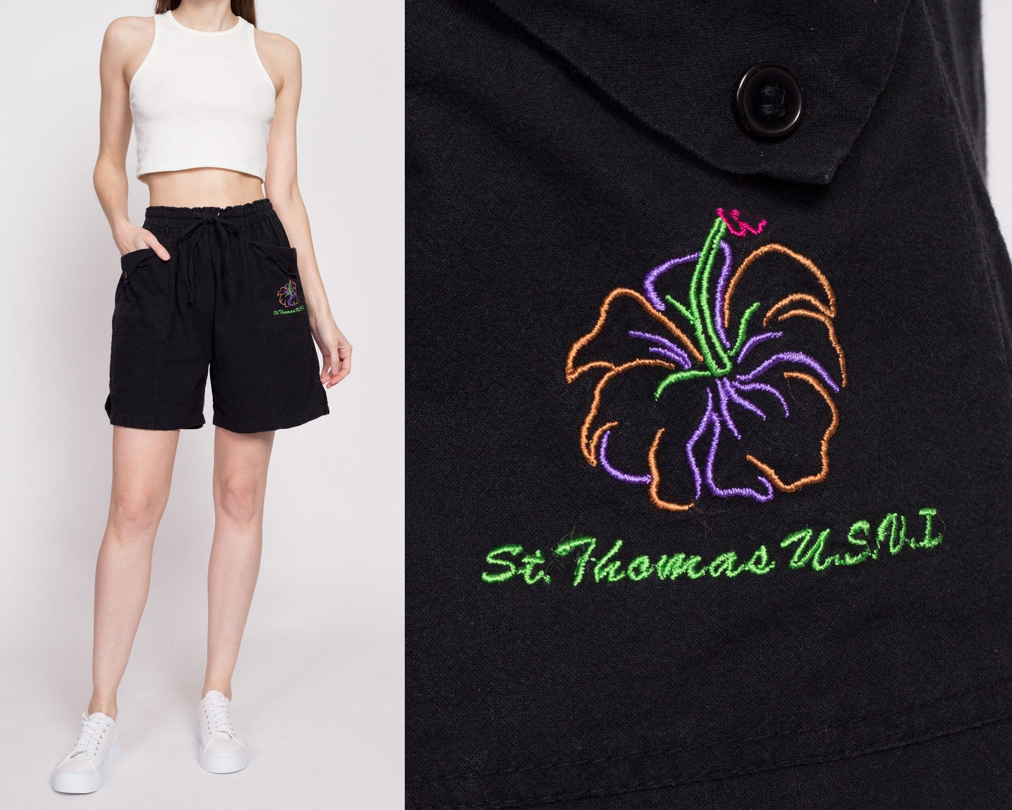 90s St Thomas Virgin Islands Cotton Shorts - One Size | Vintage Black High Rise Elastic Waist Casual Beach Surf Shorts