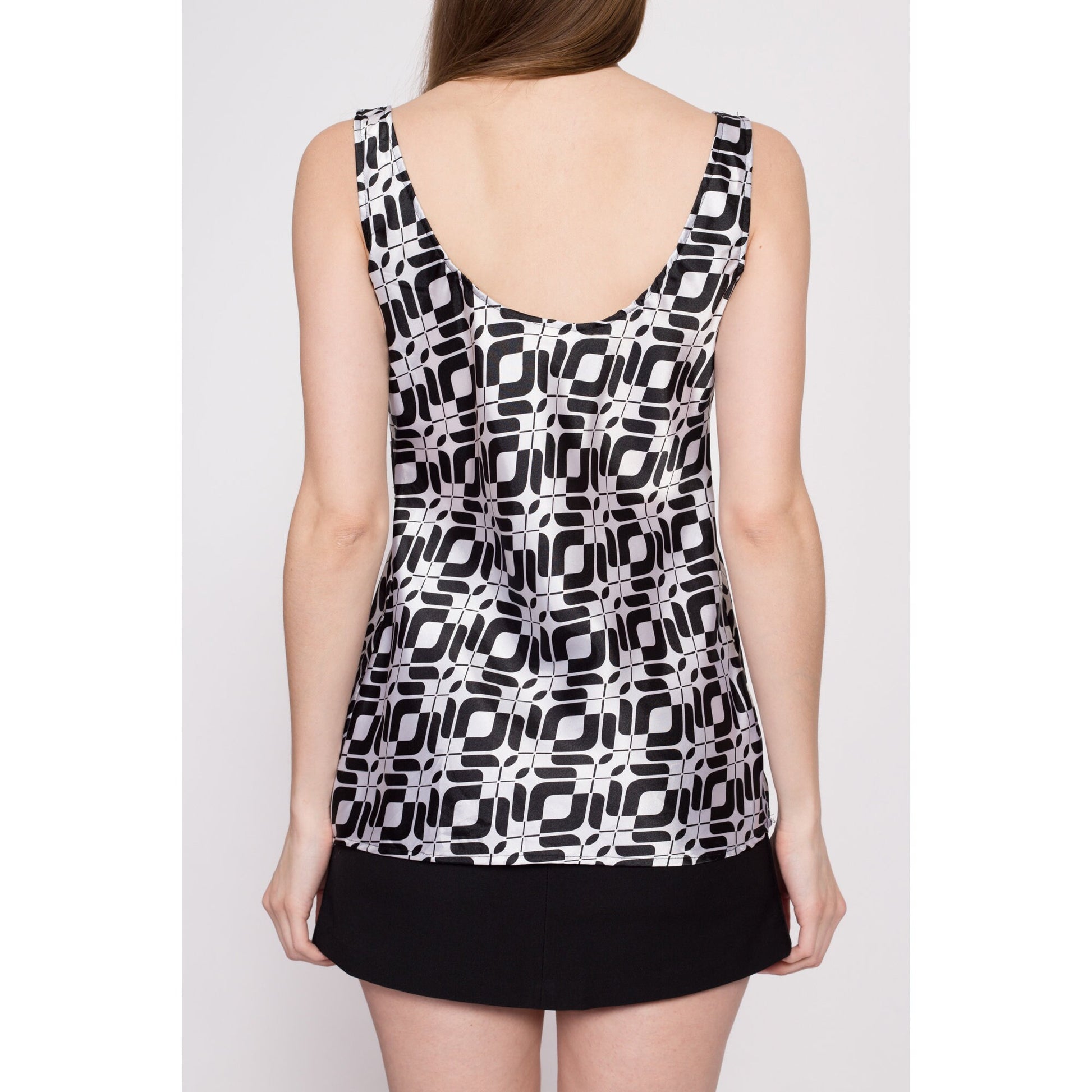 Y2K Black & White Op Art Top - Medium | Vintage Lightweight Sleeveless Square Neck Empire Waist Shirt