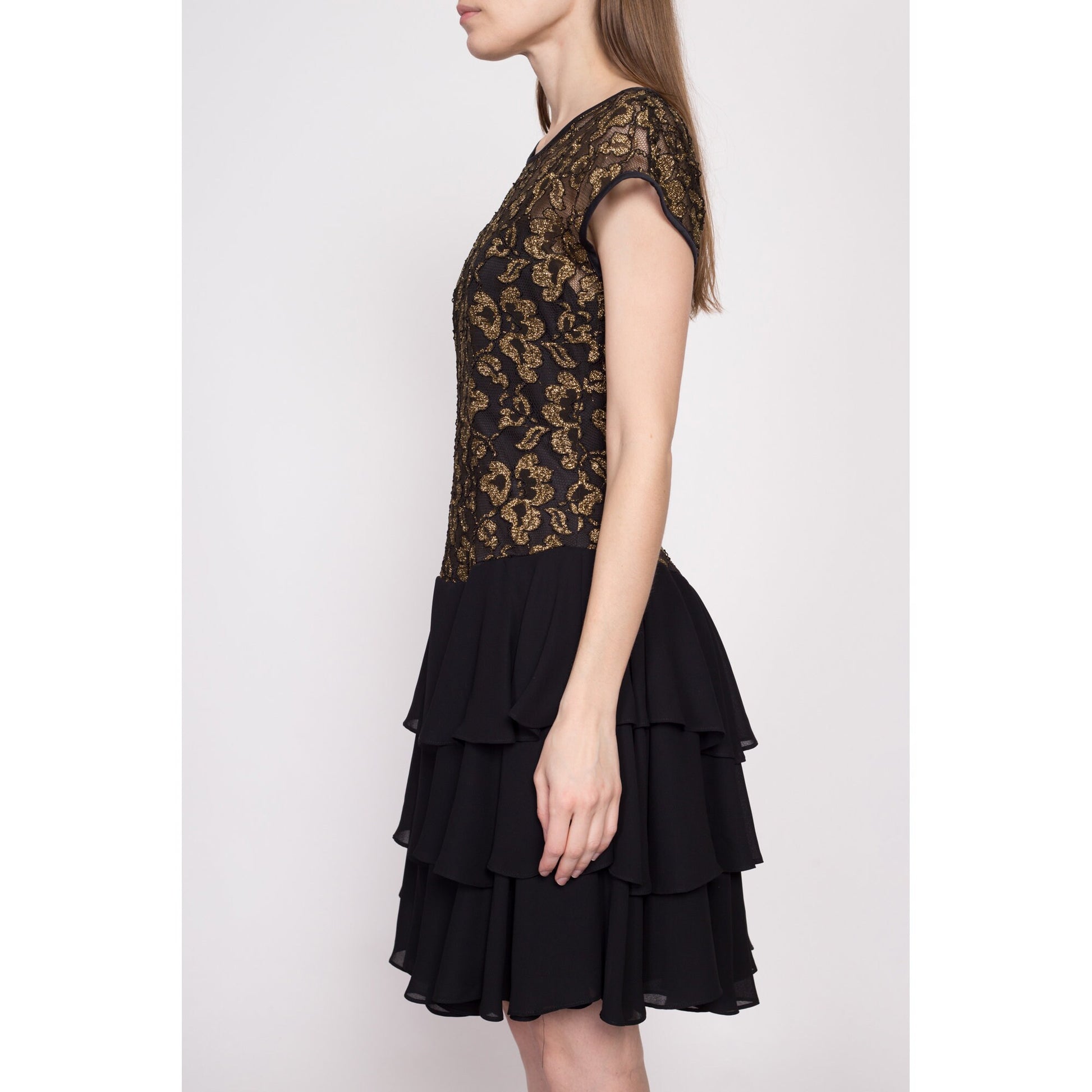 80s Black & Gold Party Dress - Medium | Vintage Shiny Mylar Floral Tiered Skirt Fit Flare Mini Dress
