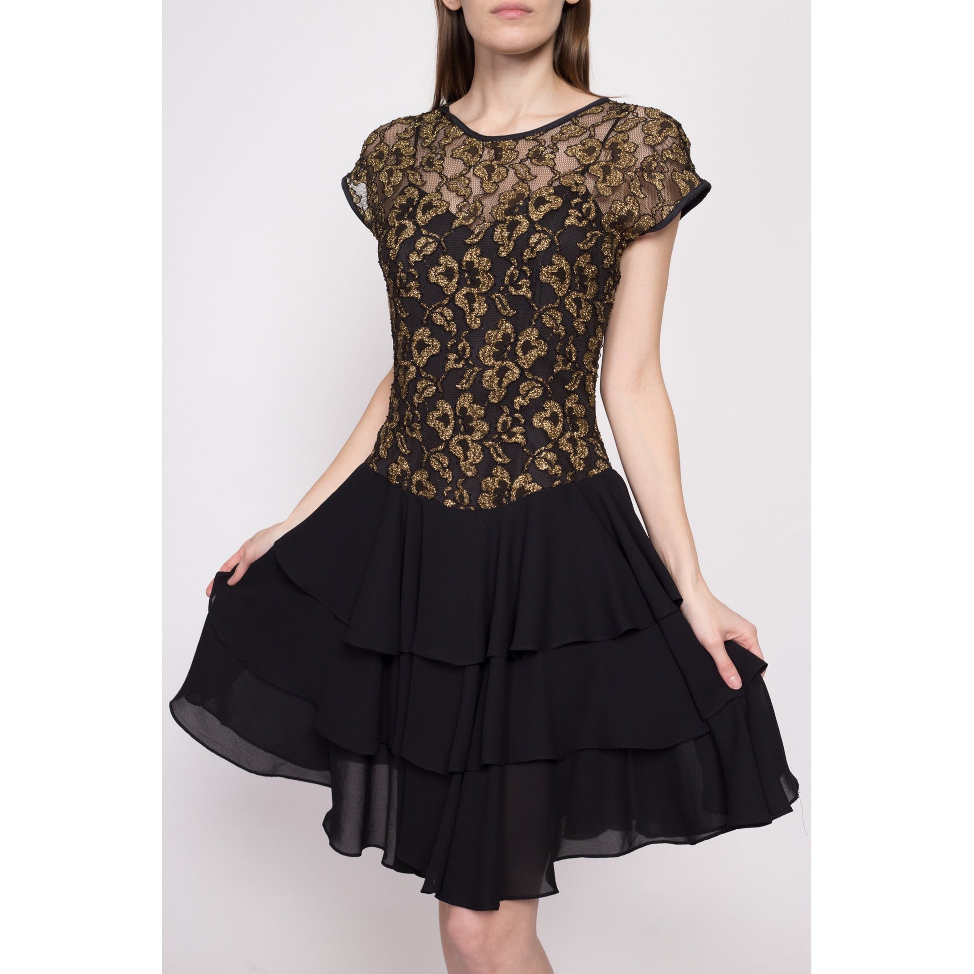 80s Black & Gold Party Dress - Medium | Vintage Shiny Mylar Floral Tiered Skirt Fit Flare Mini Dress