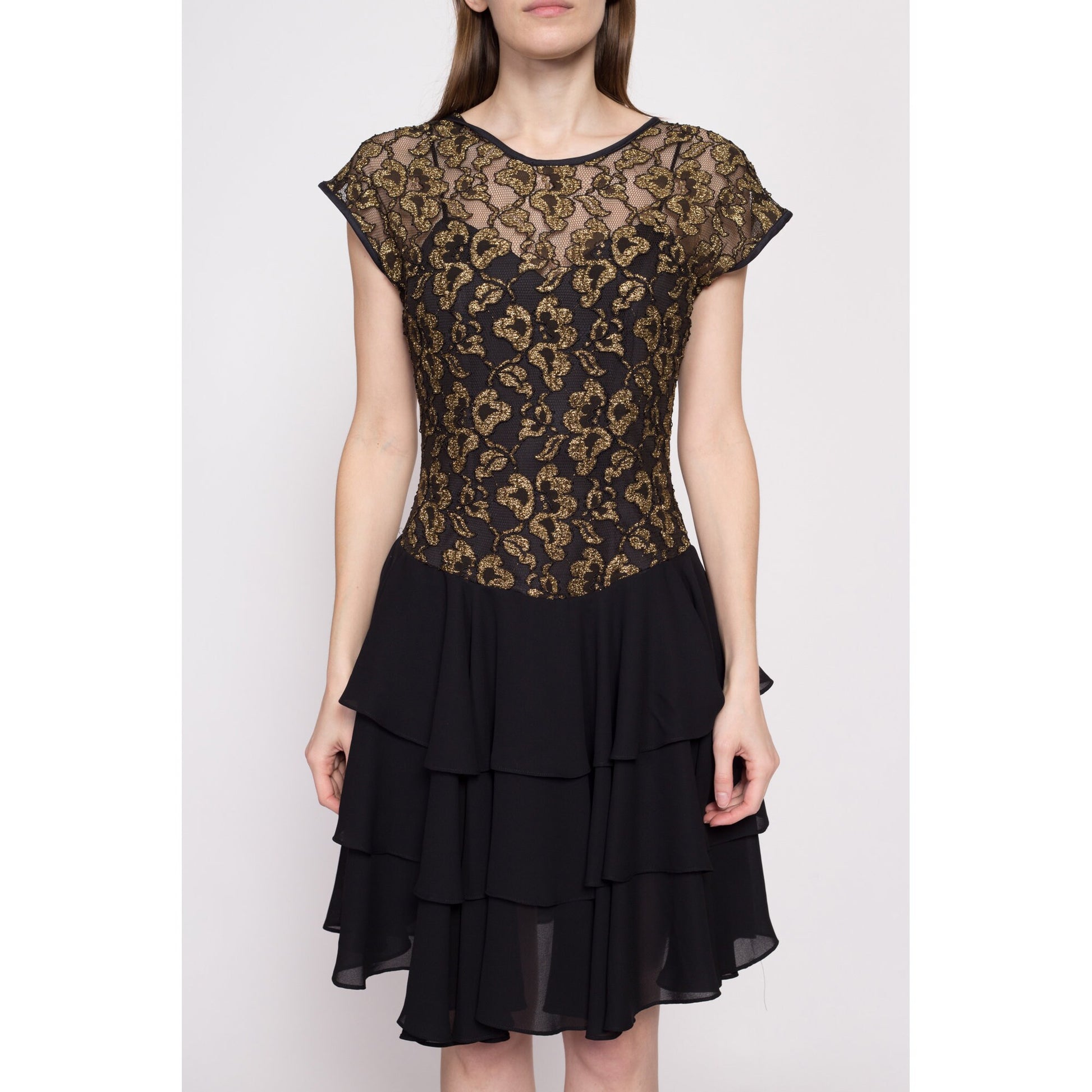 80s Black & Gold Party Dress - Medium | Vintage Shiny Mylar Floral Tiered Skirt Fit Flare Mini Dress