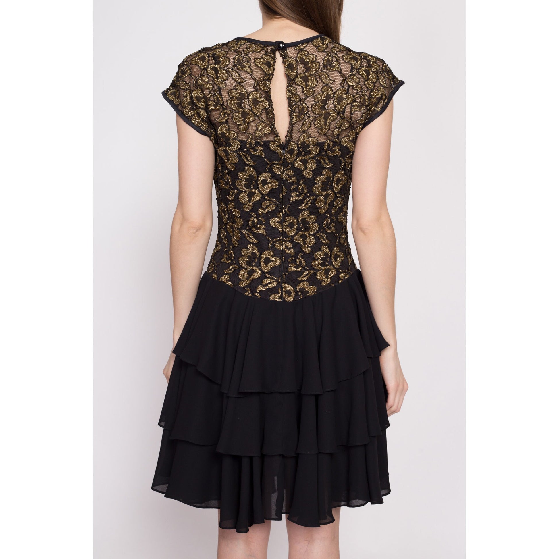 80s Black & Gold Party Dress - Medium | Vintage Shiny Mylar Floral Tiered Skirt Fit Flare Mini Dress