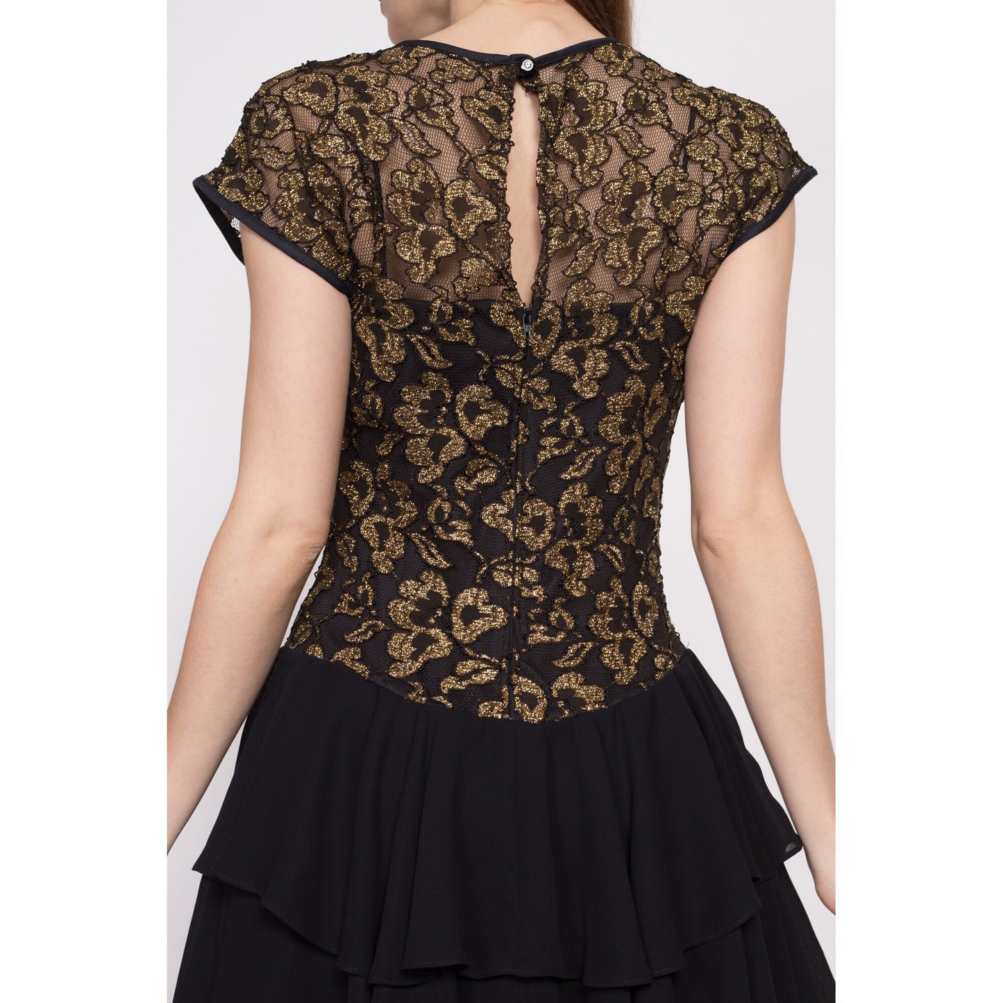 80s Black & Gold Party Dress - Medium | Vintage Shiny Mylar Floral Tiered Skirt Fit Flare Mini Dress