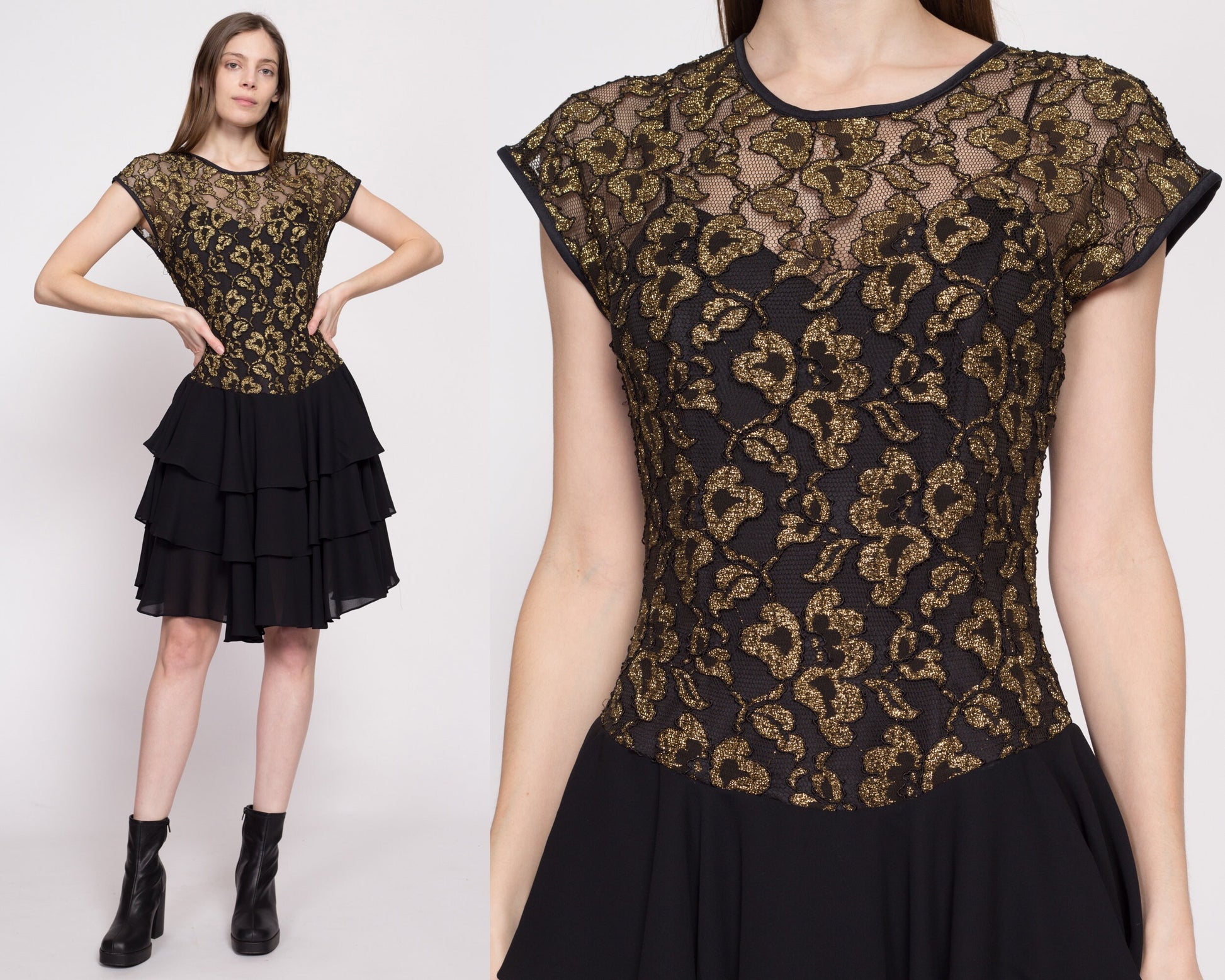 80s Black & Gold Party Dress - Medium | Vintage Shiny Mylar Floral Tiered Skirt Fit Flare Mini Dress