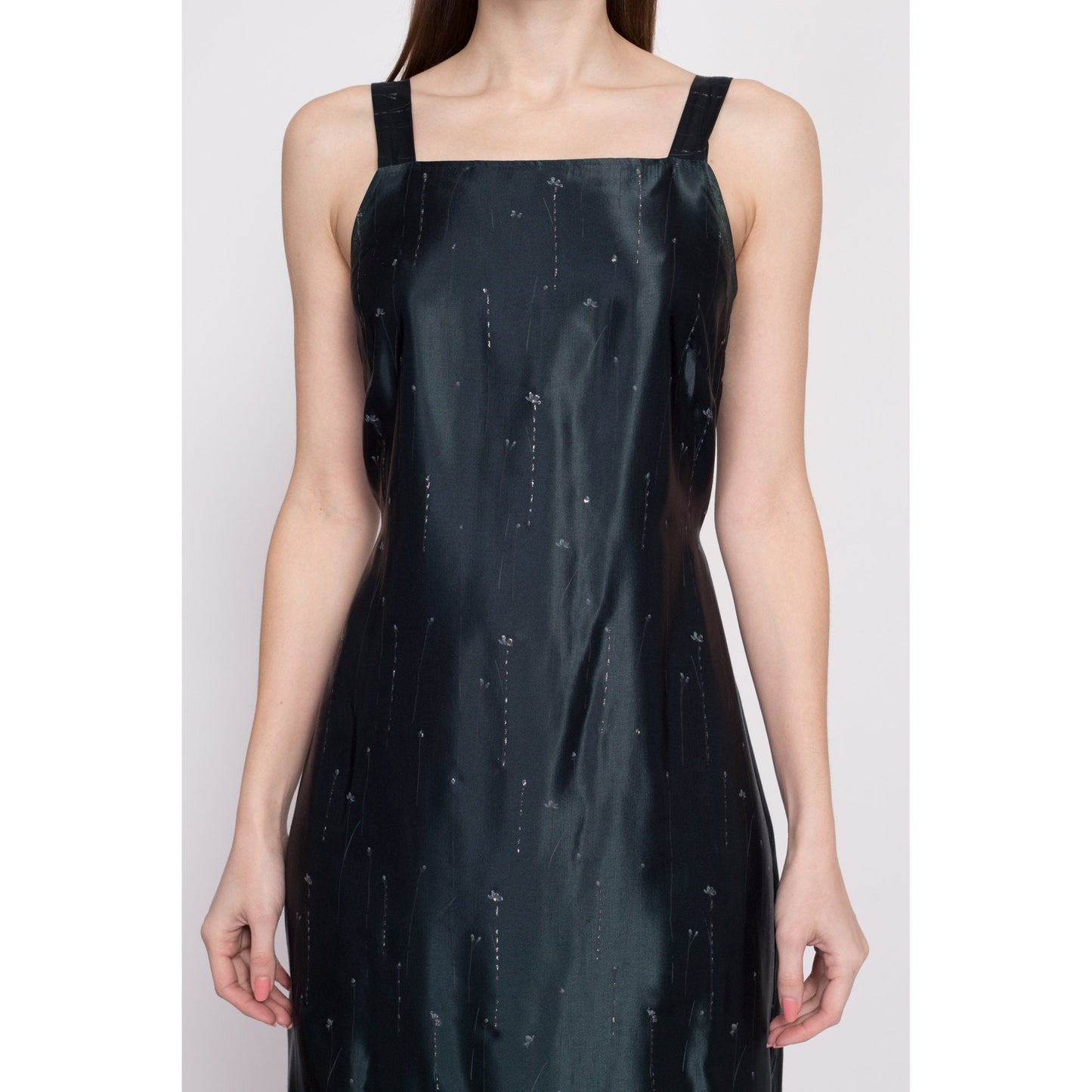 90s Dark Emerald Floral Satin Midi Dress - Small | Vintage Metallic Flower Print Side Slit Tank Slip Dress