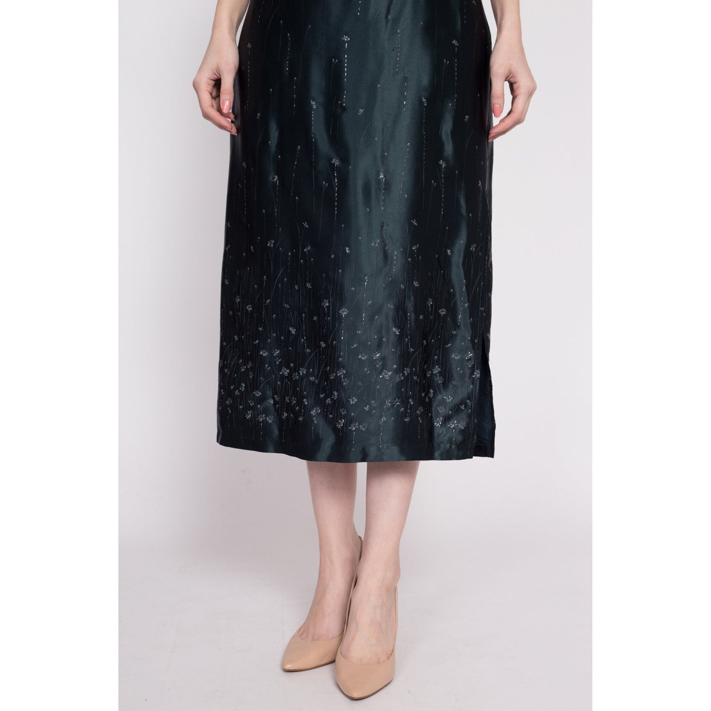 90s Dark Emerald Floral Satin Midi Dress - Small | Vintage Metallic Flower Print Side Slit Tank Slip Dress