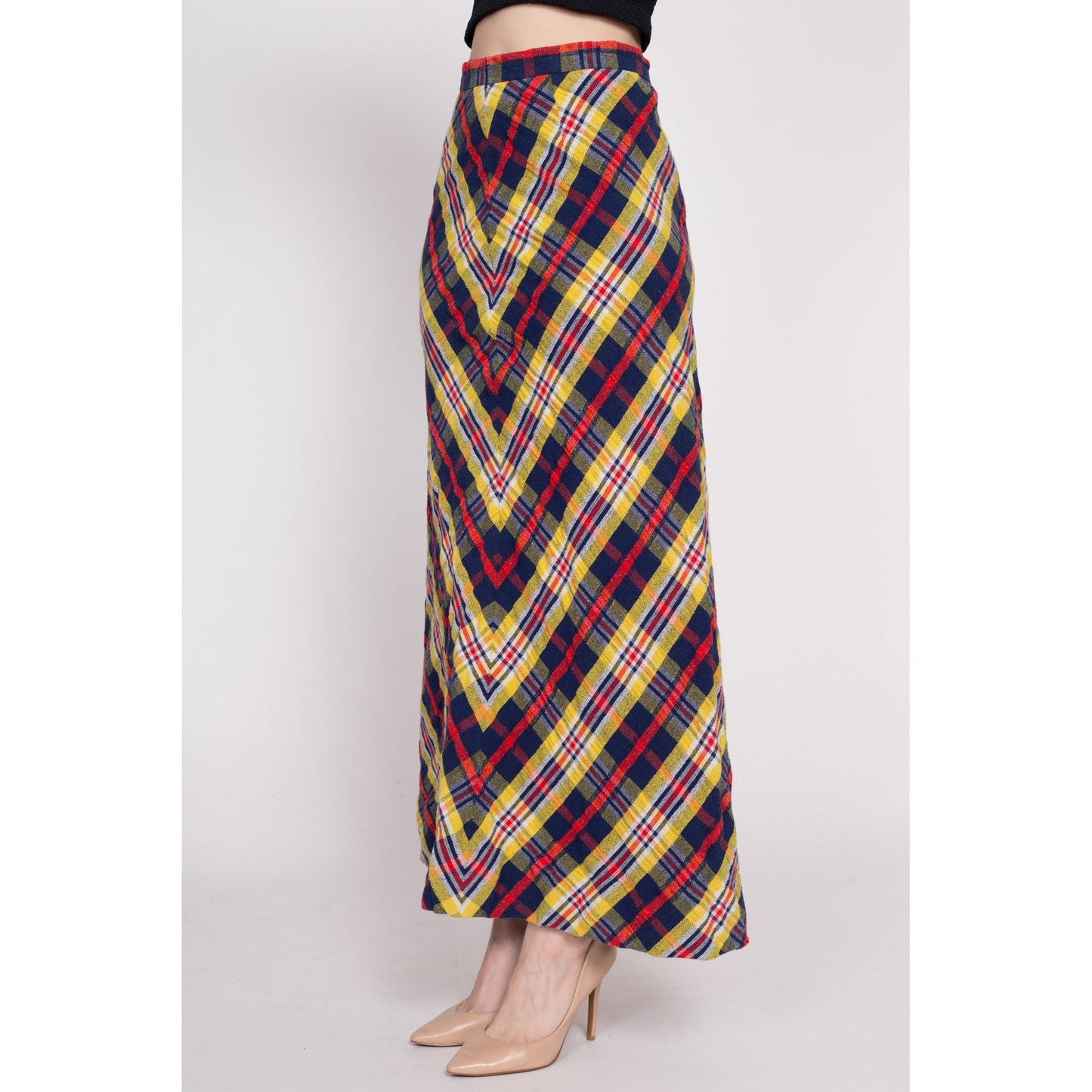 70s Plaid A-Line Maxi Skirt - Small, 27" | Vintage Red Blue Tartan Long High Waisted Hostess Skirt