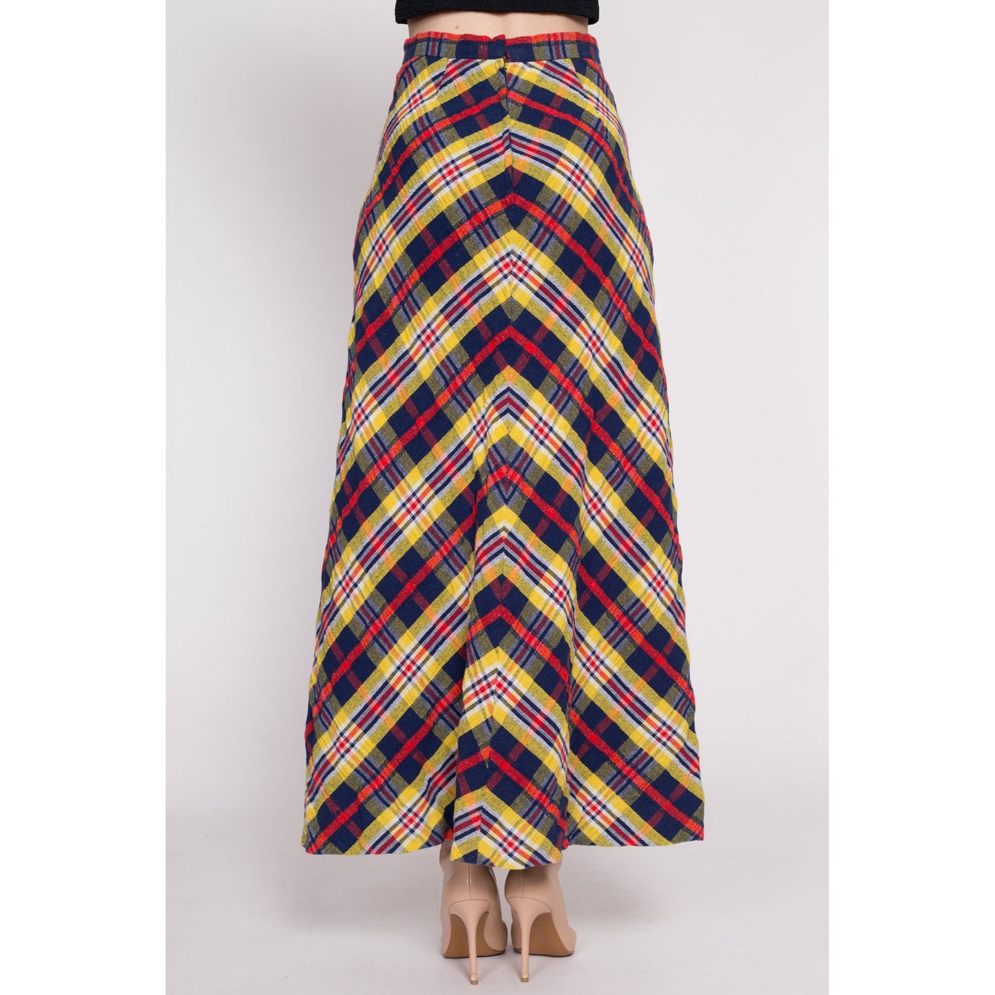 70s Plaid A-Line Maxi Skirt - Small, 27" | Vintage Red Blue Tartan Long High Waisted Hostess Skirt