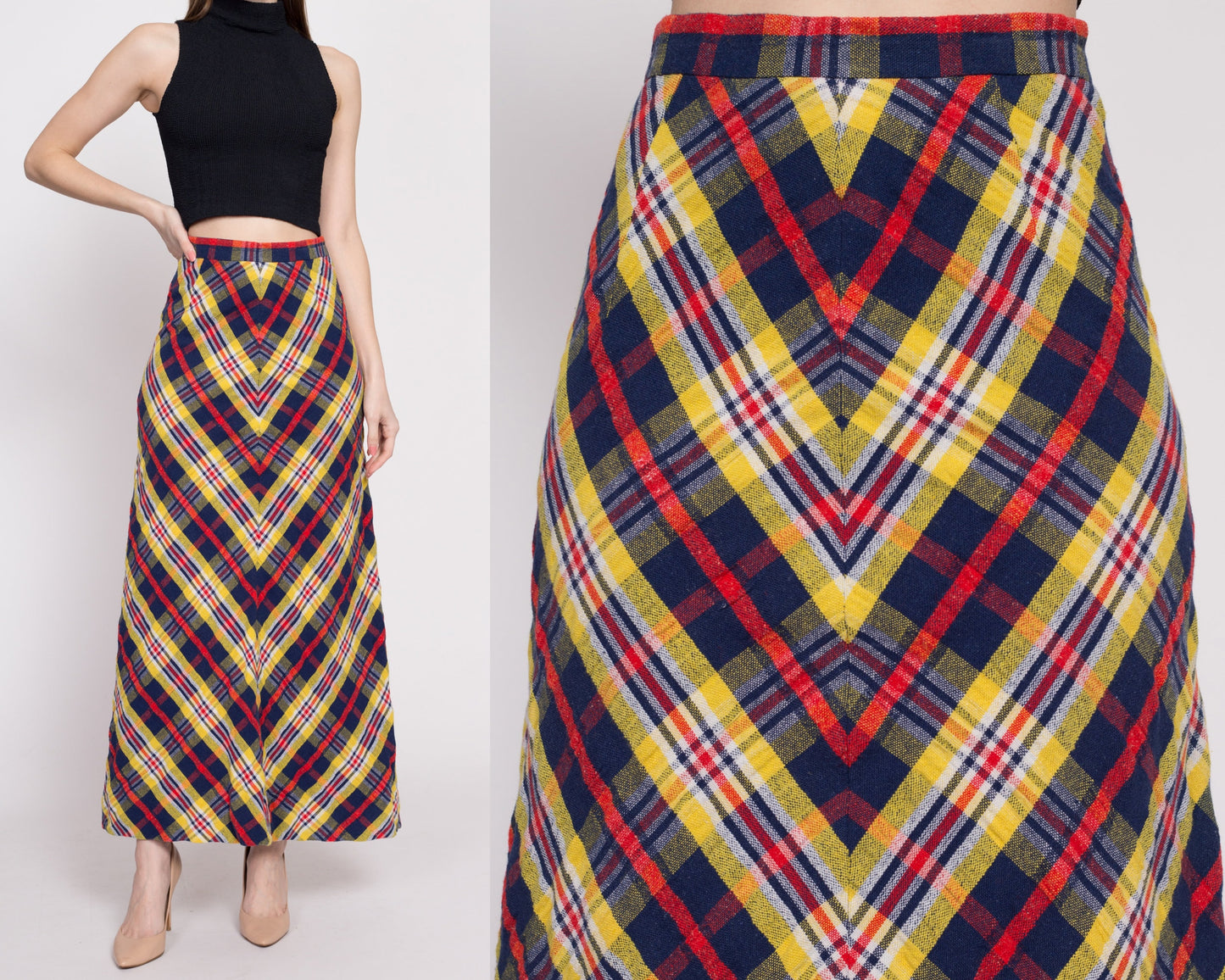 70s Plaid A-Line Maxi Skirt - Small, 27" | Vintage Red Blue Tartan Long High Waisted Hostess Skirt