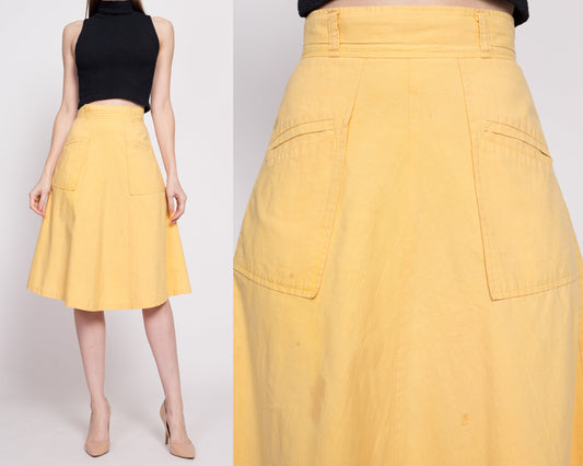 70s Canary Yellow Pocket Skirt - Extra Small, 24.5" | Vintage Boho High Waisted A-Line Midi Skirt