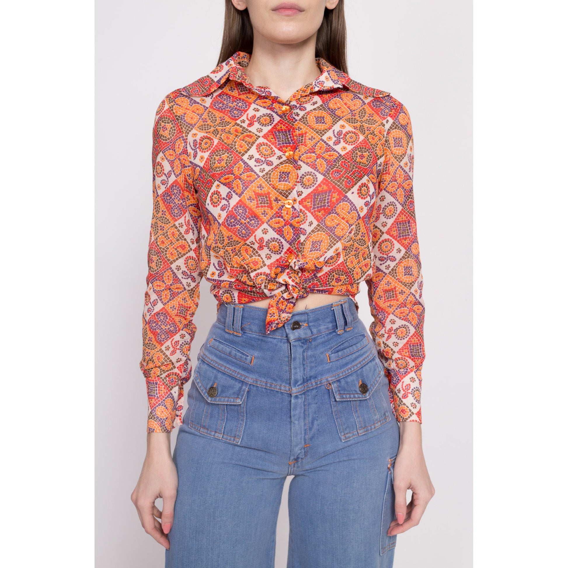 60s Mosaic Floral Dog Ear Collar Blouse - Extra Small | Vintage Sheer Boho Button Up Collared Top