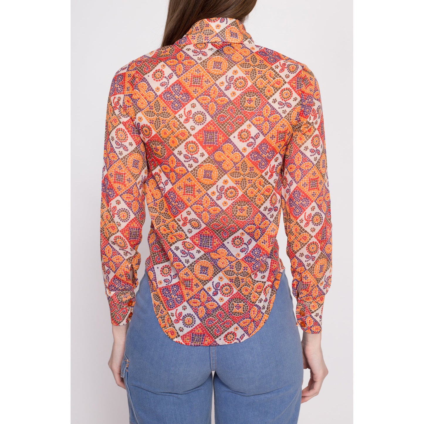 60s Mosaic Floral Dog Ear Collar Blouse - Extra Small | Vintage Sheer Boho Button Up Collared Top
