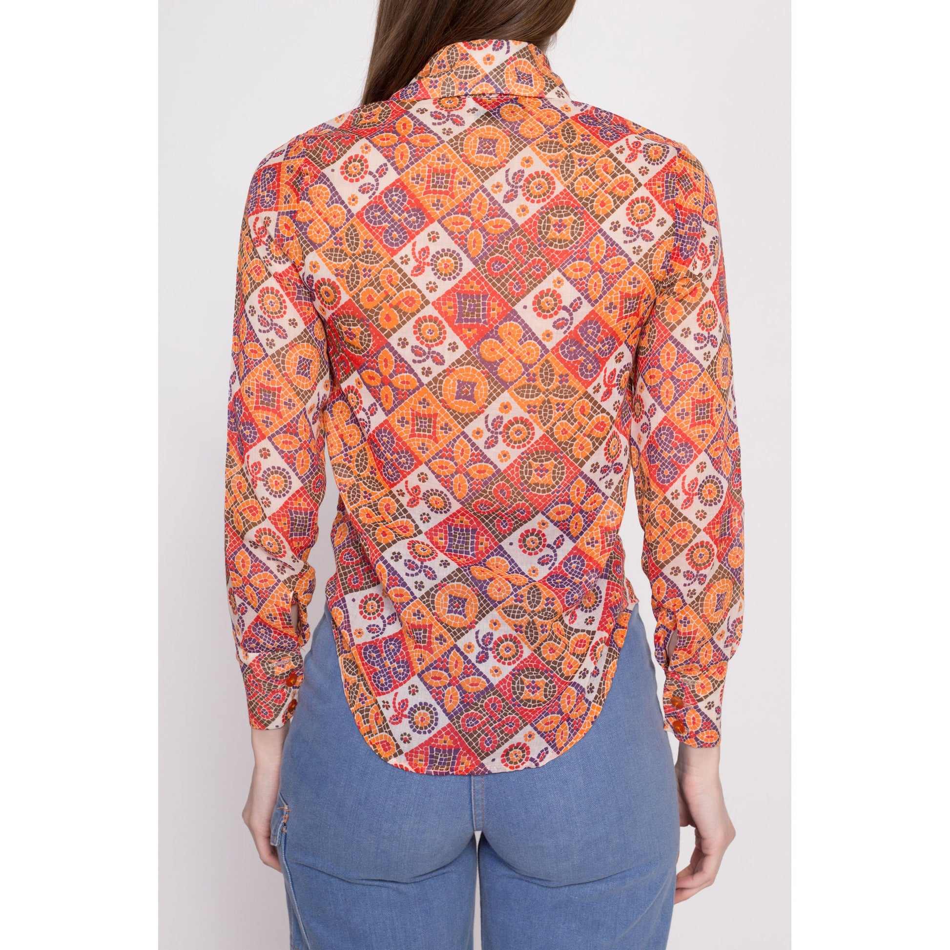 60s Mosaic Floral Dog Ear Collar Blouse - Extra Small | Vintage Sheer Boho Button Up Collared Top