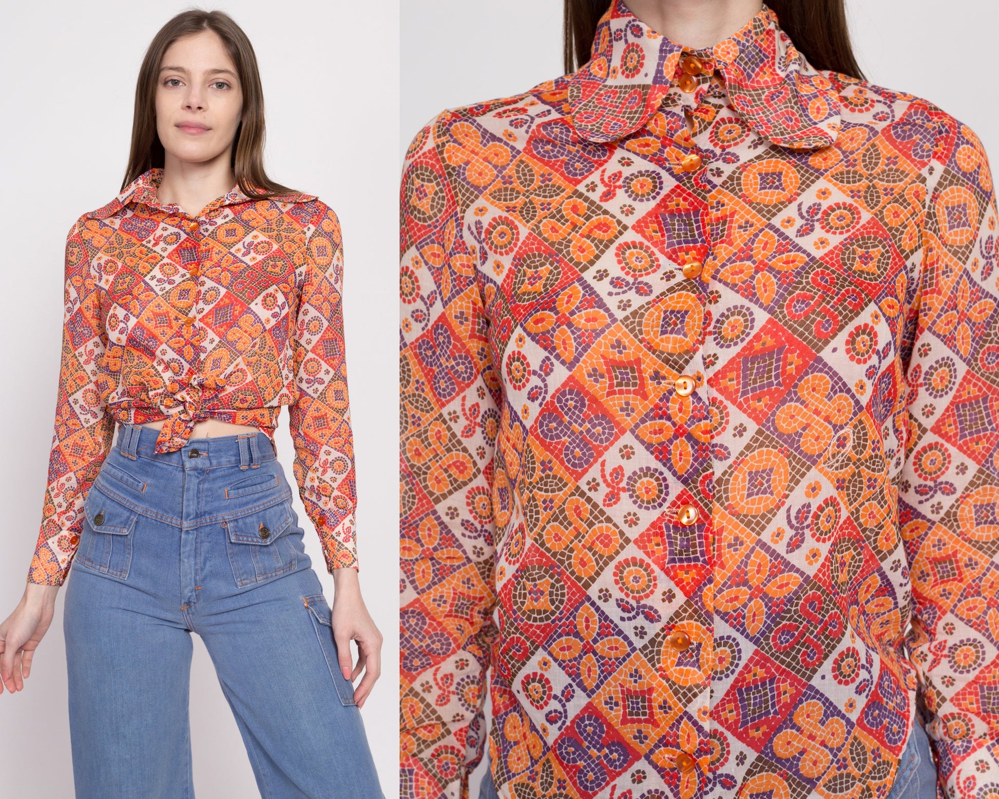 60s Mosaic Floral Dog Ear Collar Blouse - Extra Small | Vintage Sheer Boho Button Up Collared Top