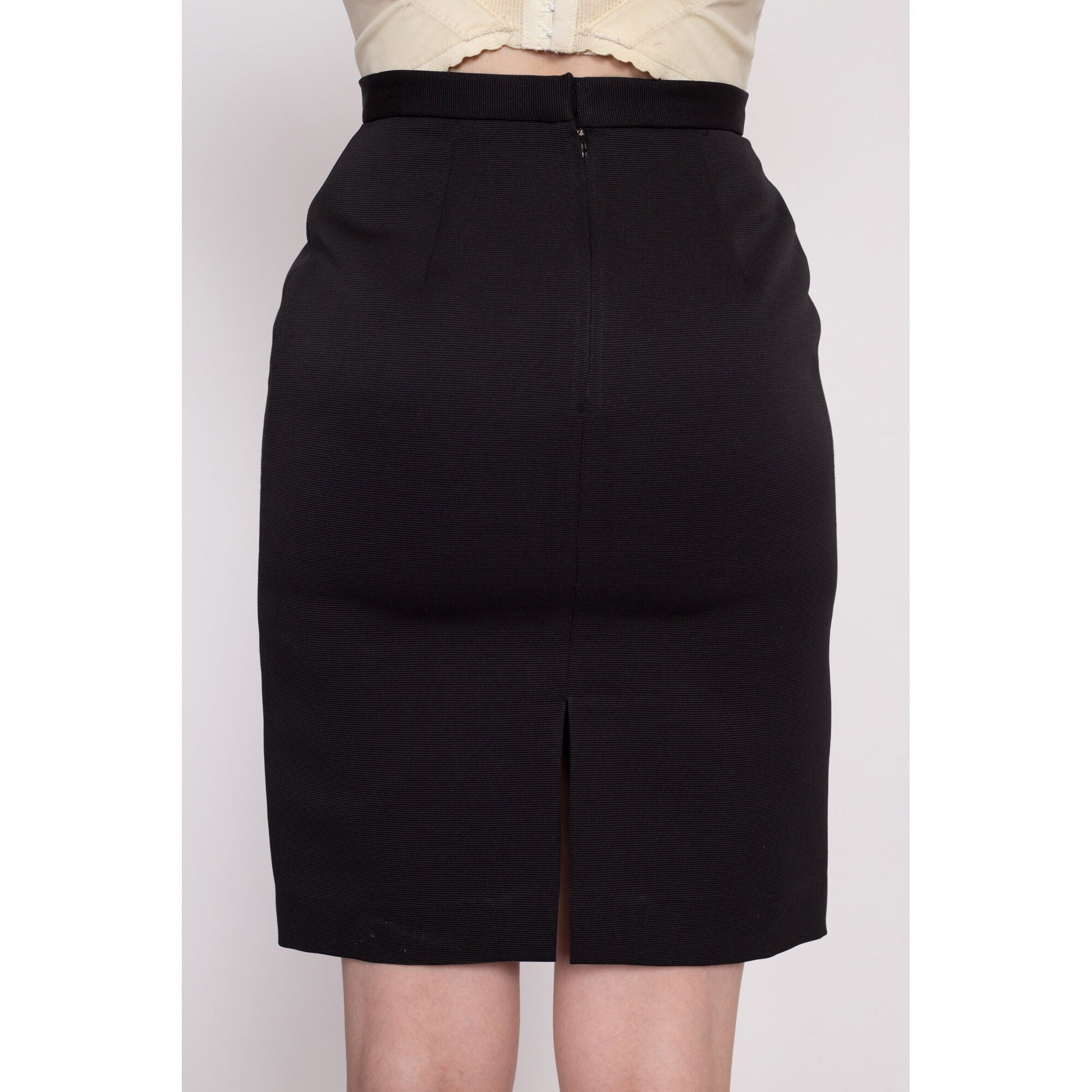 70s Black High Waisted Pencil Skirt - Extra Small, 24.5" | Vintage Minimalist Fitted Mini Skirt