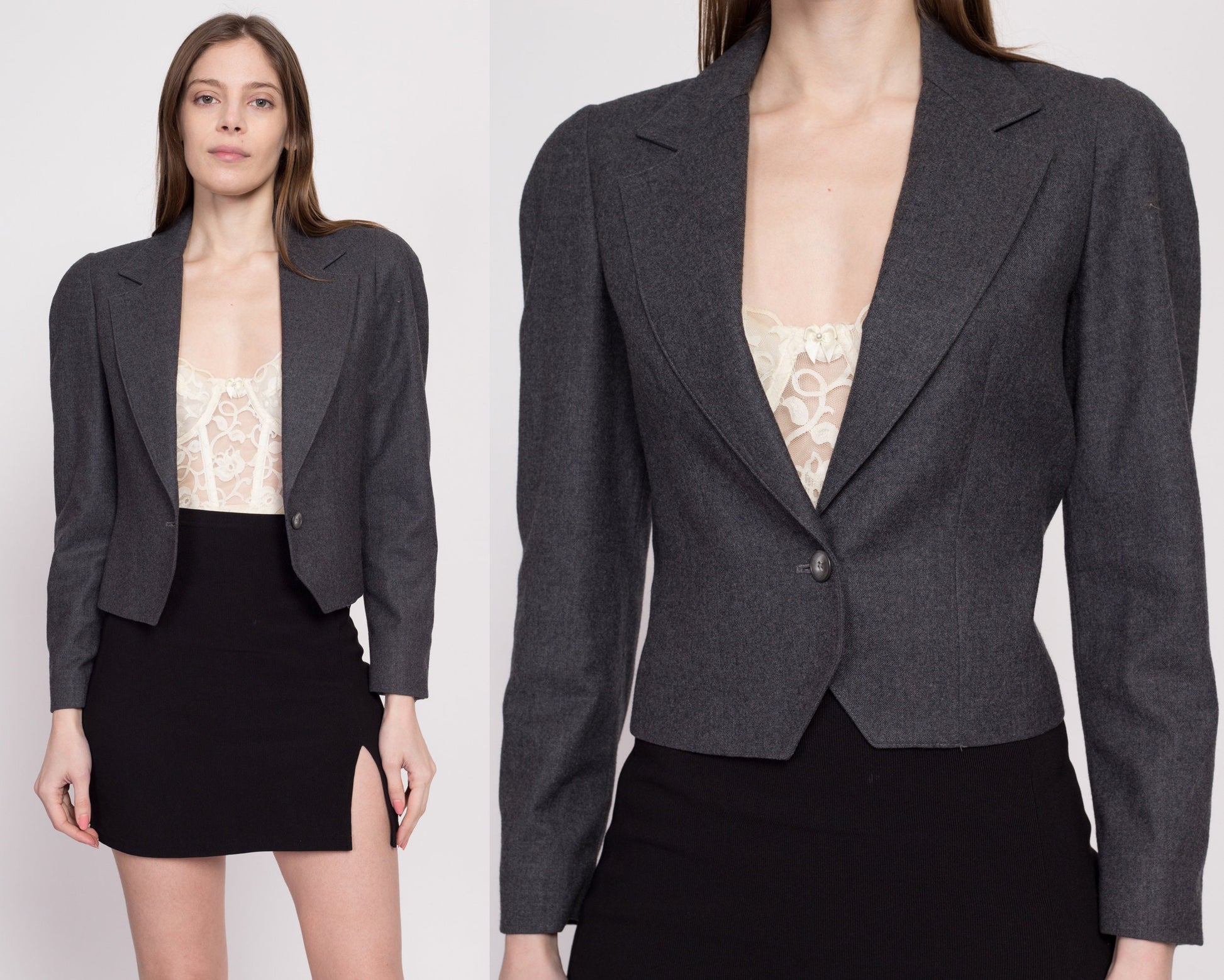 80s Christian Dior Cropped Suit Jacket - Extra Small | Vintage Grey Blazer Single Button Sport Coat