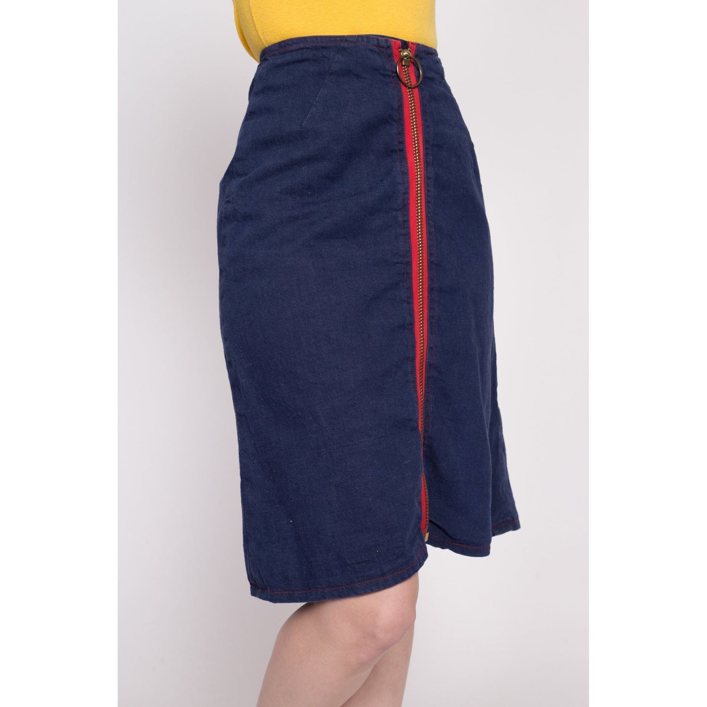 60s 70s Denim Ring Zip A Line Skirt - Extra Small, 25" | Vintage Dark Wash Boho Jean Midi Skirt