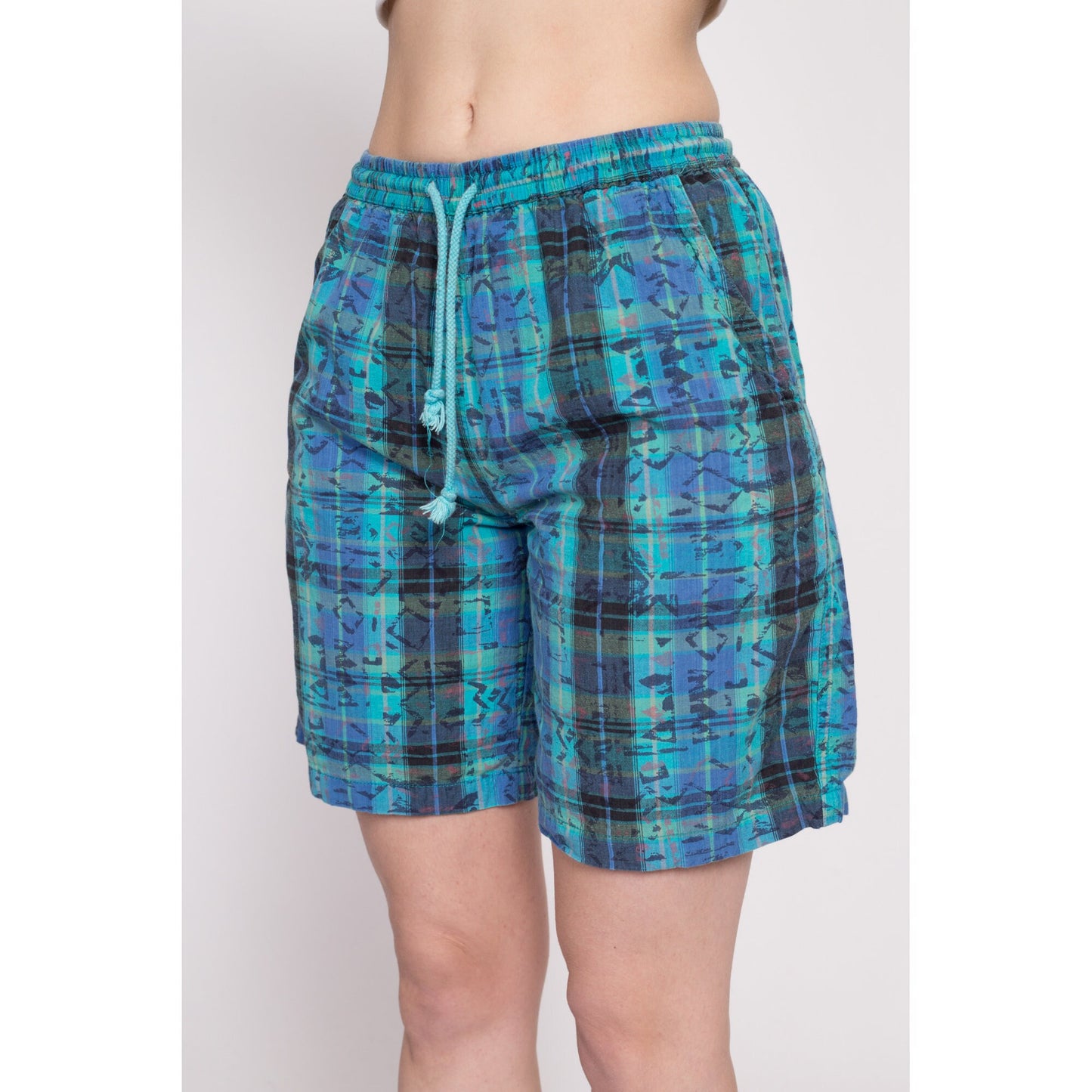 80s Plaid Cotton Board Shorts - Unisex Small | Vintage Blue Green High Waisted Retro Shorts