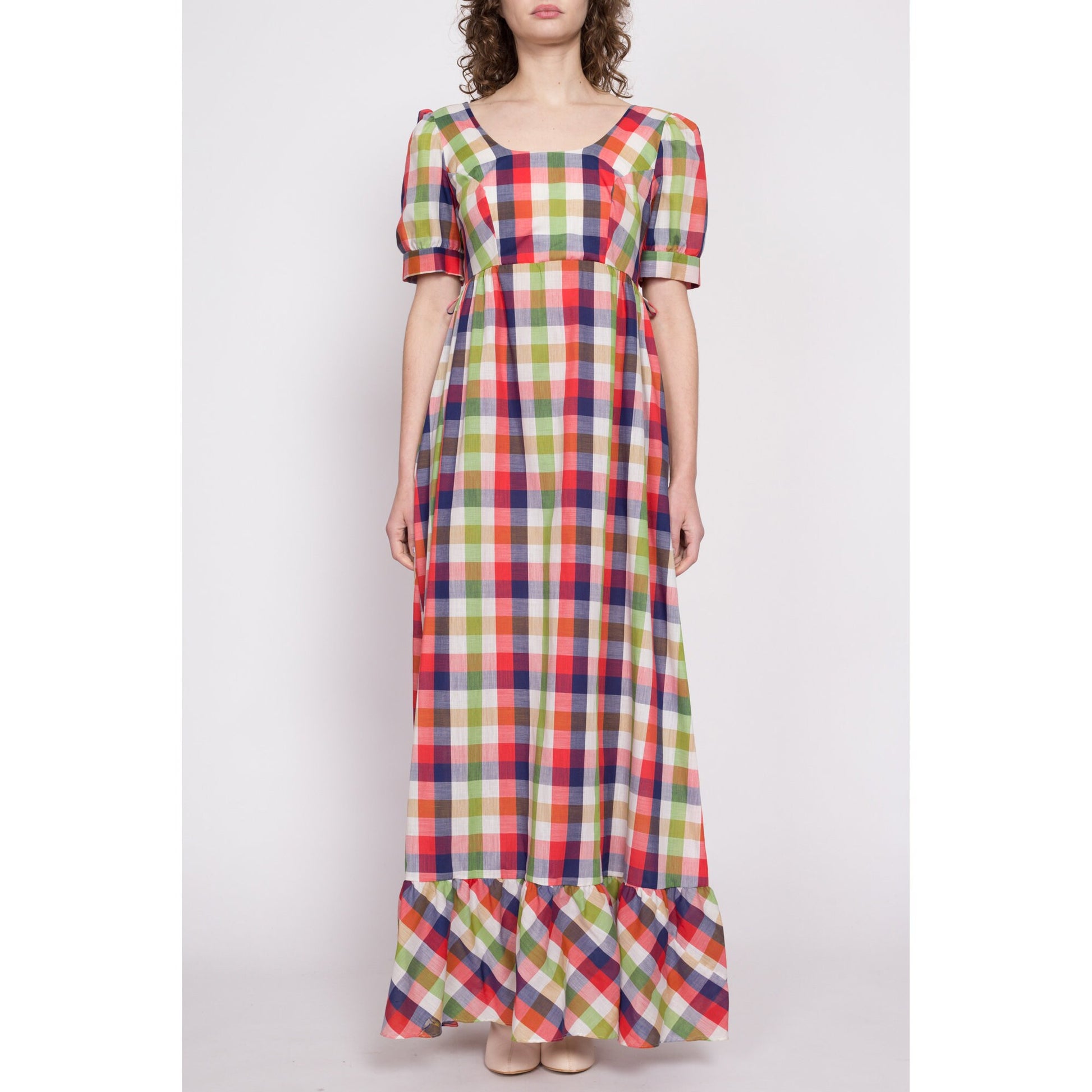 60s Plaid Puff Sleeve Prairie Maxi Dress - Medium Tall Flying Apple Vintage 60s Plaid Puff Sleeve Prairie Maxi Dress - Medium Tall Flying Apple Vintage