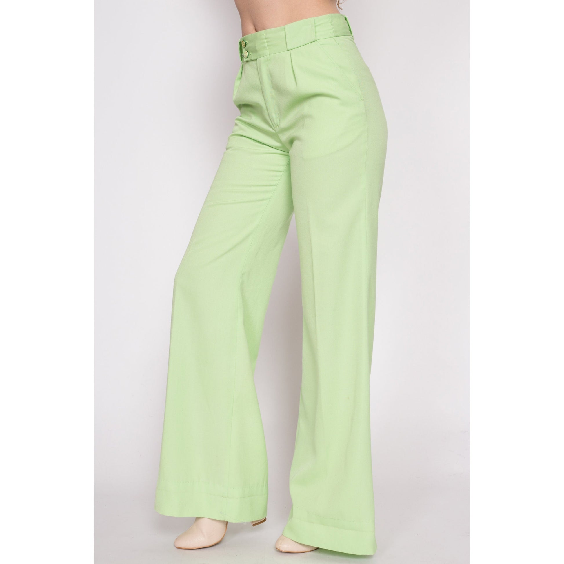 70s Pastel Green High Waisted Bell Bottoms - Petite Medium | Vintage Boho Pleated Flared Leg Retro Trousers