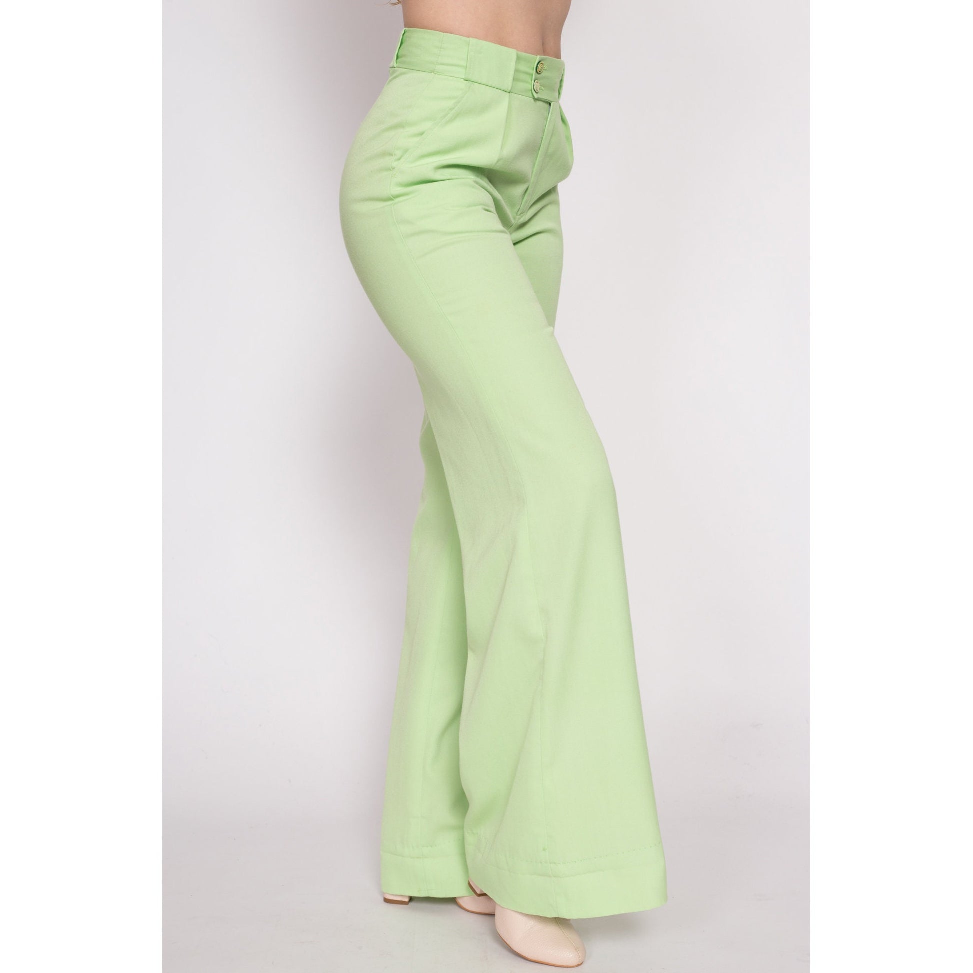 70s Pastel Green High Waisted Bell Bottoms - Petite Medium | Vintage Boho Pleated Flared Leg Retro Trousers