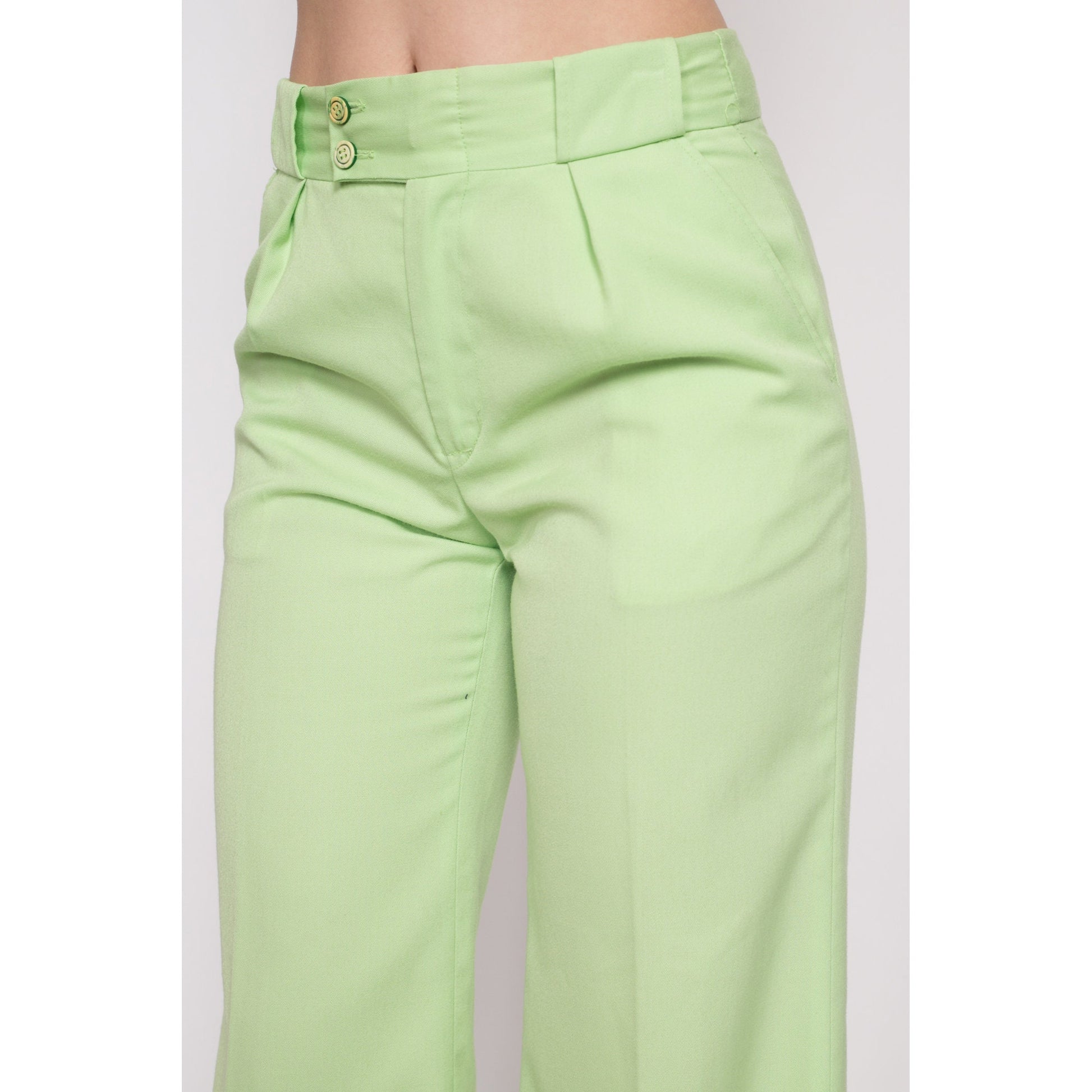 70s Pastel Green High Waisted Bell Bottoms - Petite Medium | Vintage Boho Pleated Flared Leg Retro Trousers