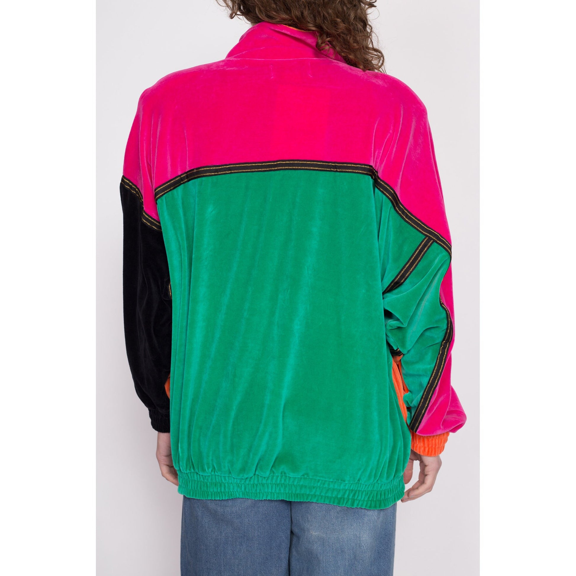 80s Velour Color Block Track Jacket - Extra Large | Vintage Oleg Cassini Colorful Zip Up Windbreaker Sweatshirt