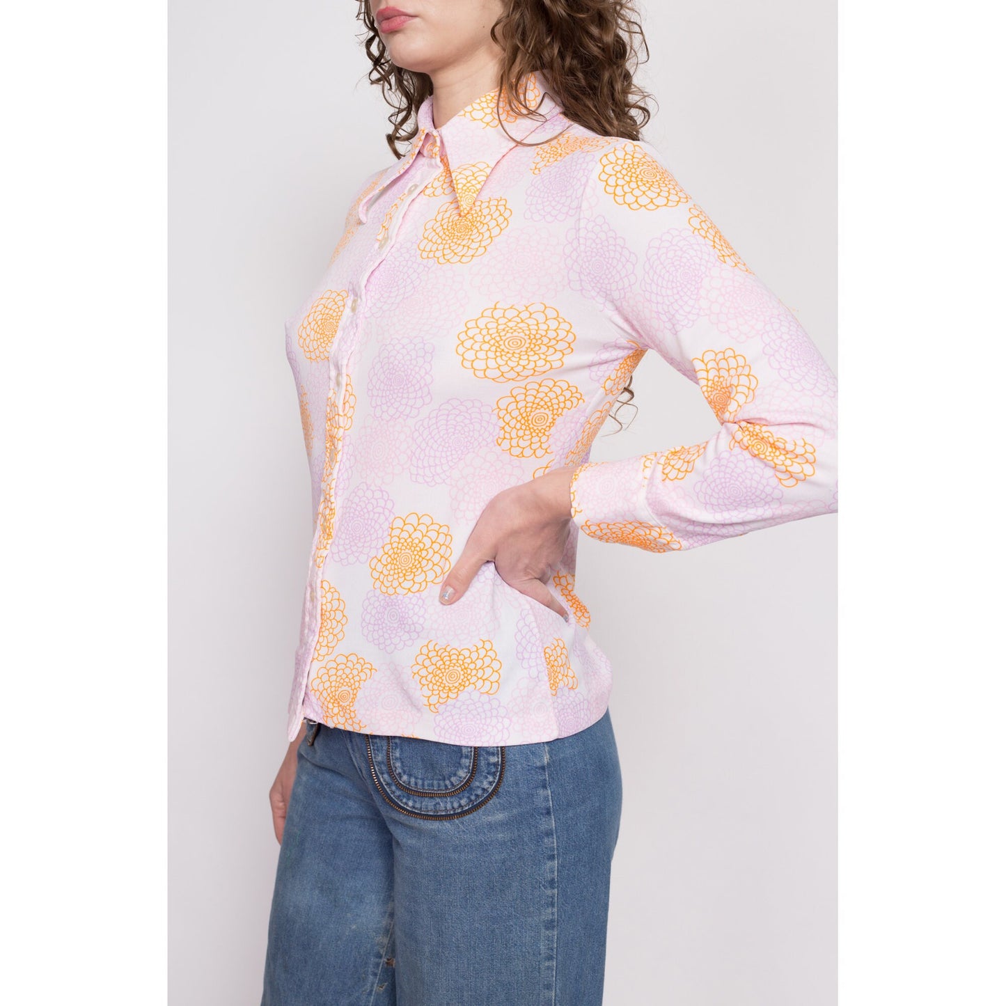 70s Peony Abstract Print Button Up Shirt - Medium | Vintage Long Sleeve Collared Novelty Floral Disco Shirt