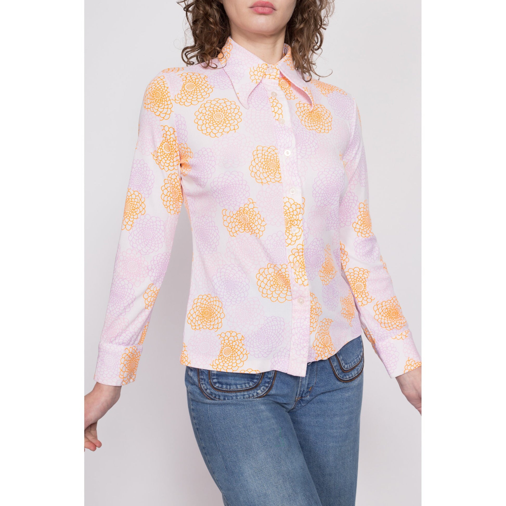 70s Peony Abstract Print Button Up Shirt - Medium | Vintage Long Sleeve Collared Novelty Floral Disco Shirt