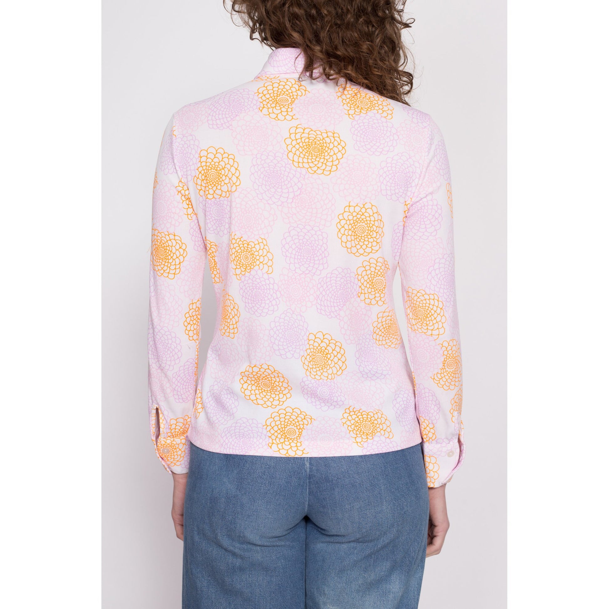 70s Peony Abstract Print Button Up Shirt - Medium | Vintage Long Sleeve Collared Novelty Floral Disco Shirt