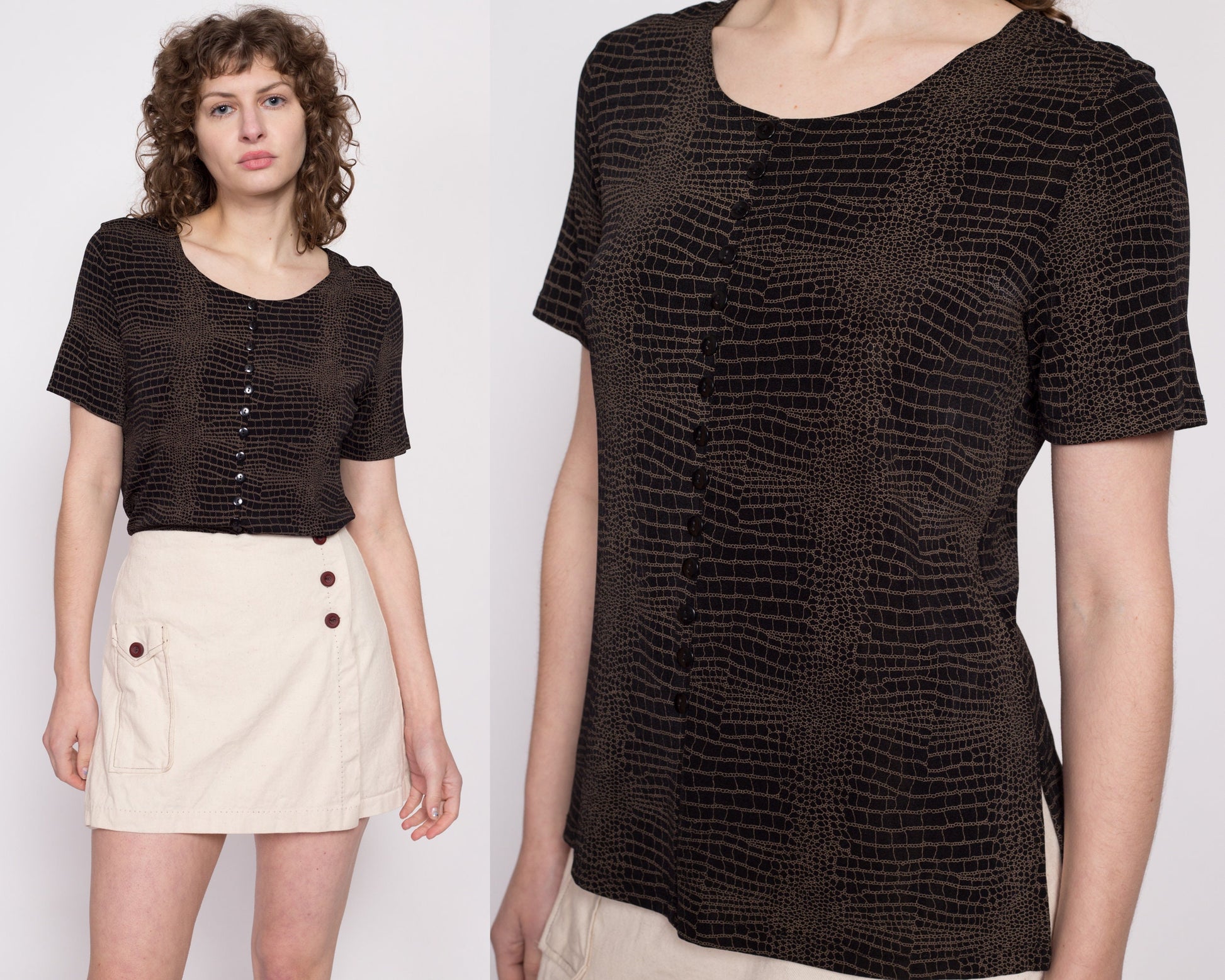90s Slinky Chain Web Print Shirt - Large | Vintage Black Brown Two Tone Short Sleeve Grunge Top