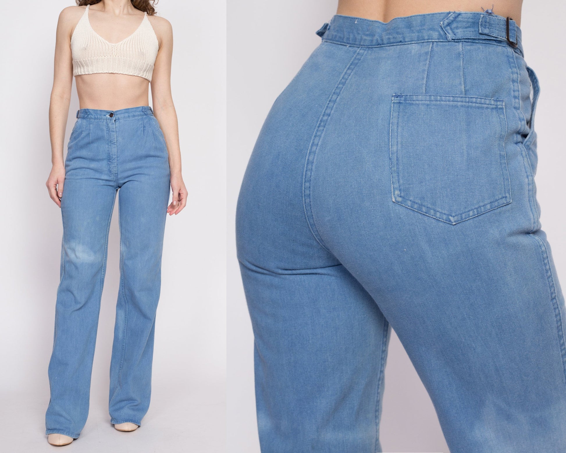 70s 80s Faded Bootcut Jeans - Small | Vintage NY Jeans Pleated Cinched Waist Light Wash High Waisted Jeans