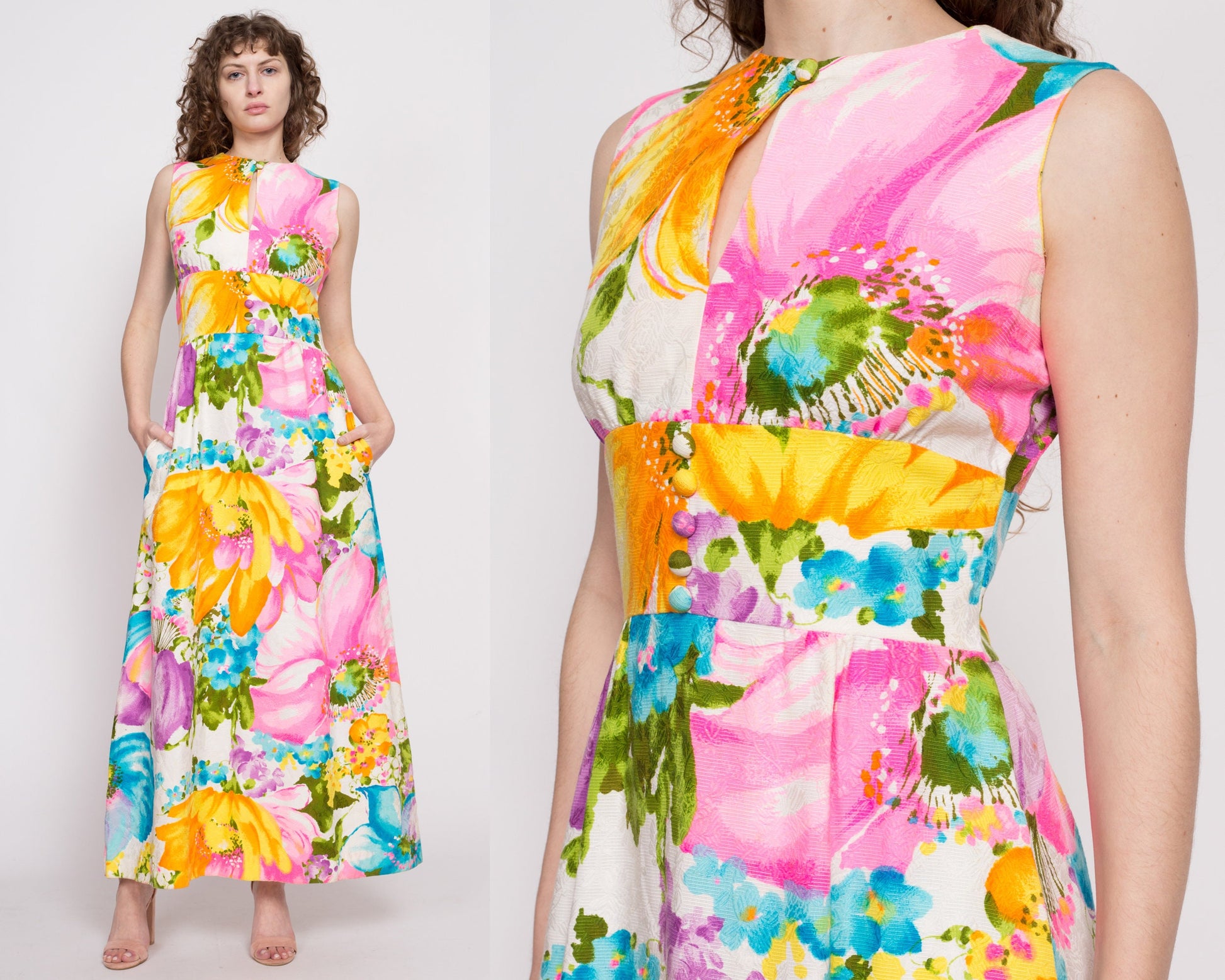 60s Tori Richard Honolulu Hawaiian Maxi Dress - Medium | Vintage Boho Keyhole Neck Sleeveless Floral Column Sundress