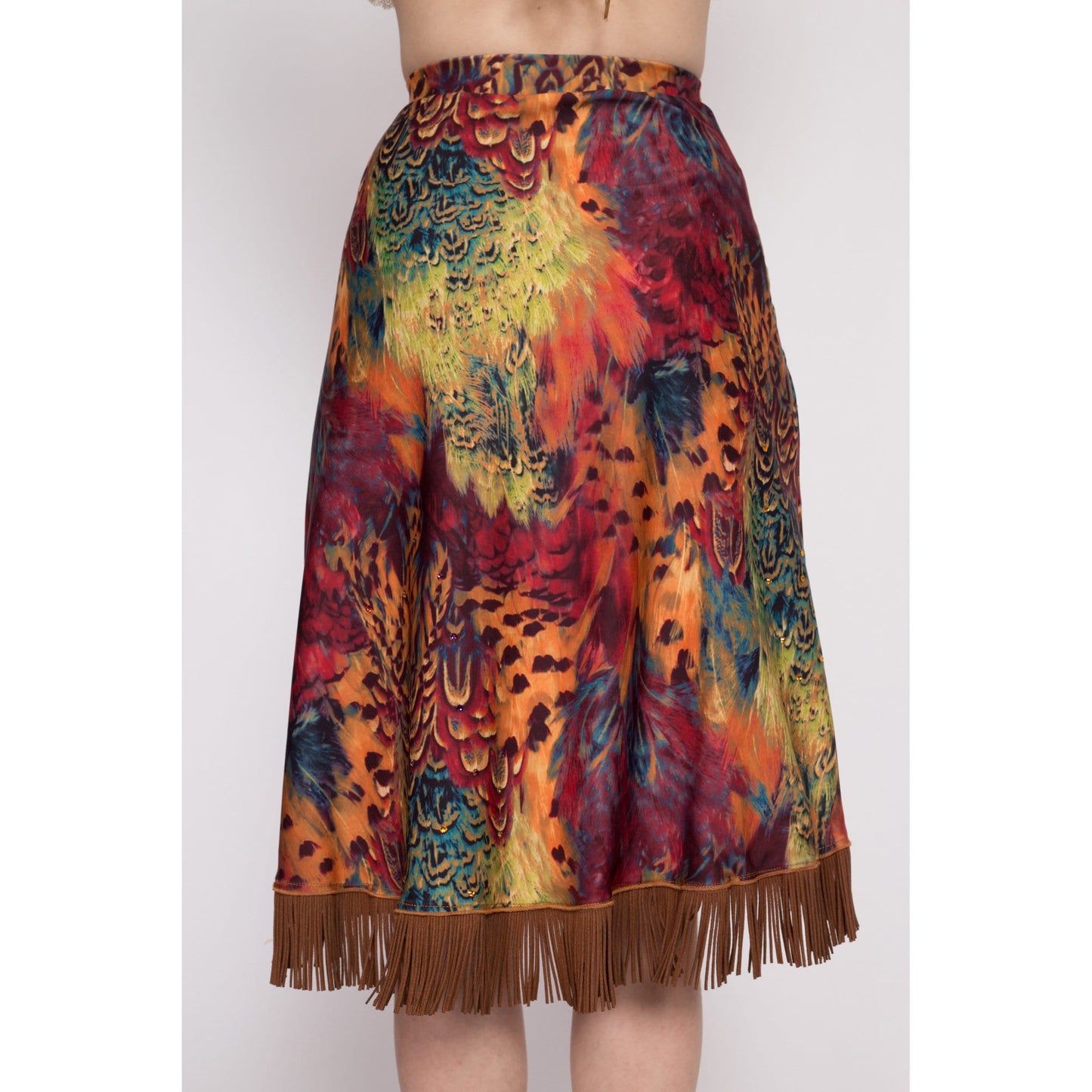 Vintage Boho Peacock Feather Print Fringe Skirt - Extra Small | Y2K Suede Trim High Waisted Costume Midi Skirt