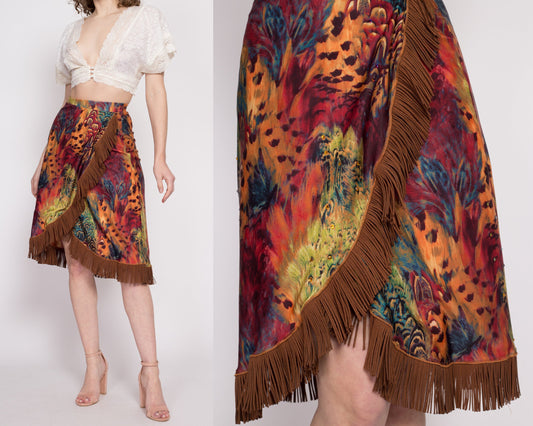 Vintage Boho Peacock Feather Print Fringe Skirt - Extra Small | Y2K Suede Trim High Waisted Costume Midi Skirt
