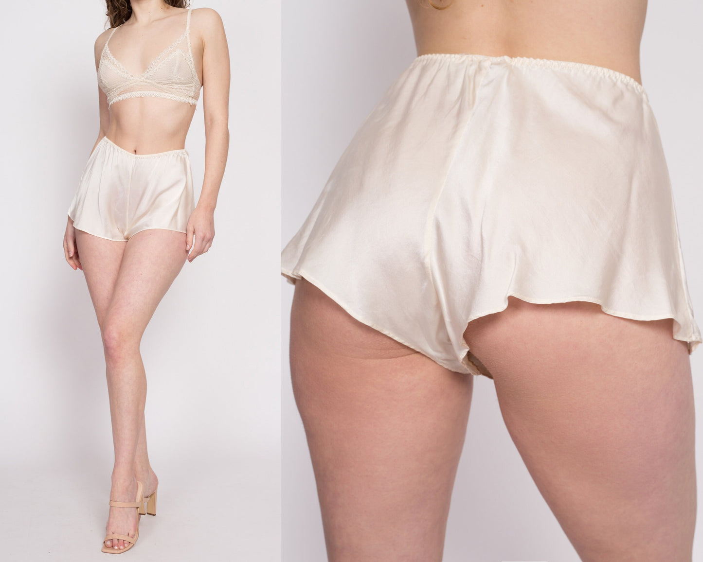 80s 90s Victoria's Secret Ivory Silk Tap Shorts - Medium | Vintage Boho Satin Lingerie Mini Panties