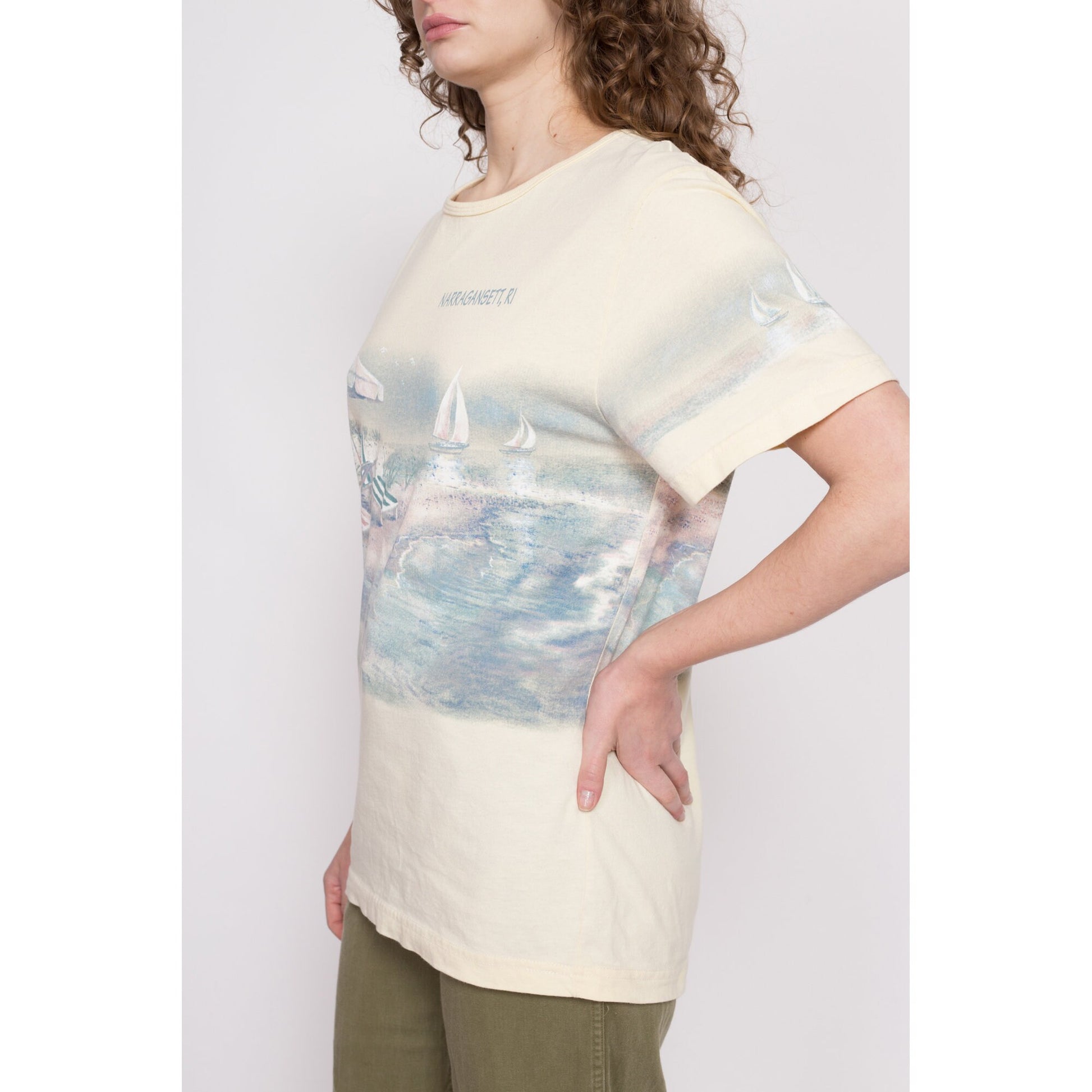 90s Rhode Island Narragansett Beach Scene T Shirt - Men's Medium, Women's Large | Vintage Yellow Wrap Around Graphic Tourist Tee
