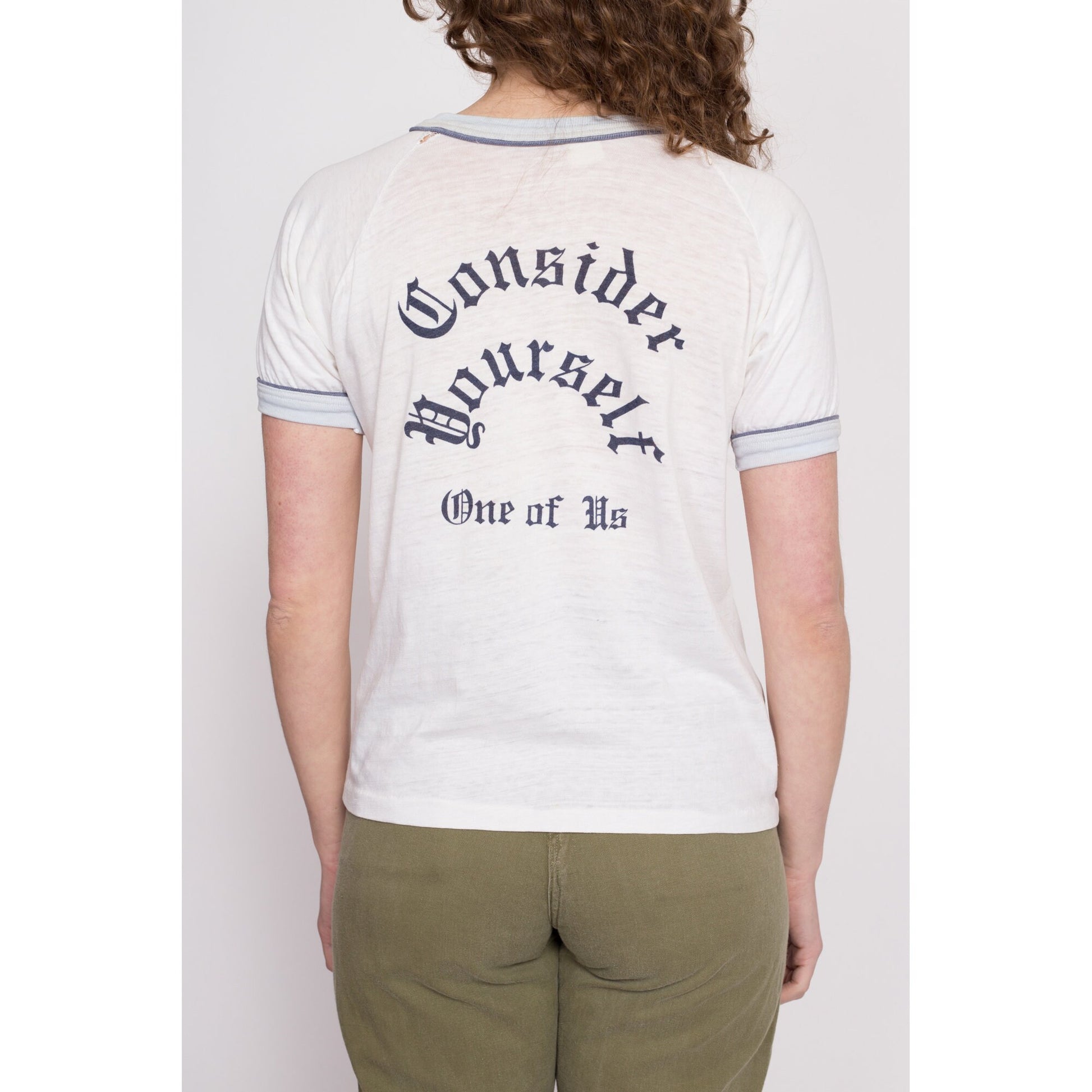 70s Oliver! "Consider Yourself One Of Us" T Shirt - Unisex Small | Vintage Drama Guild Broadway Musical Theater Graphic Ringer Tee