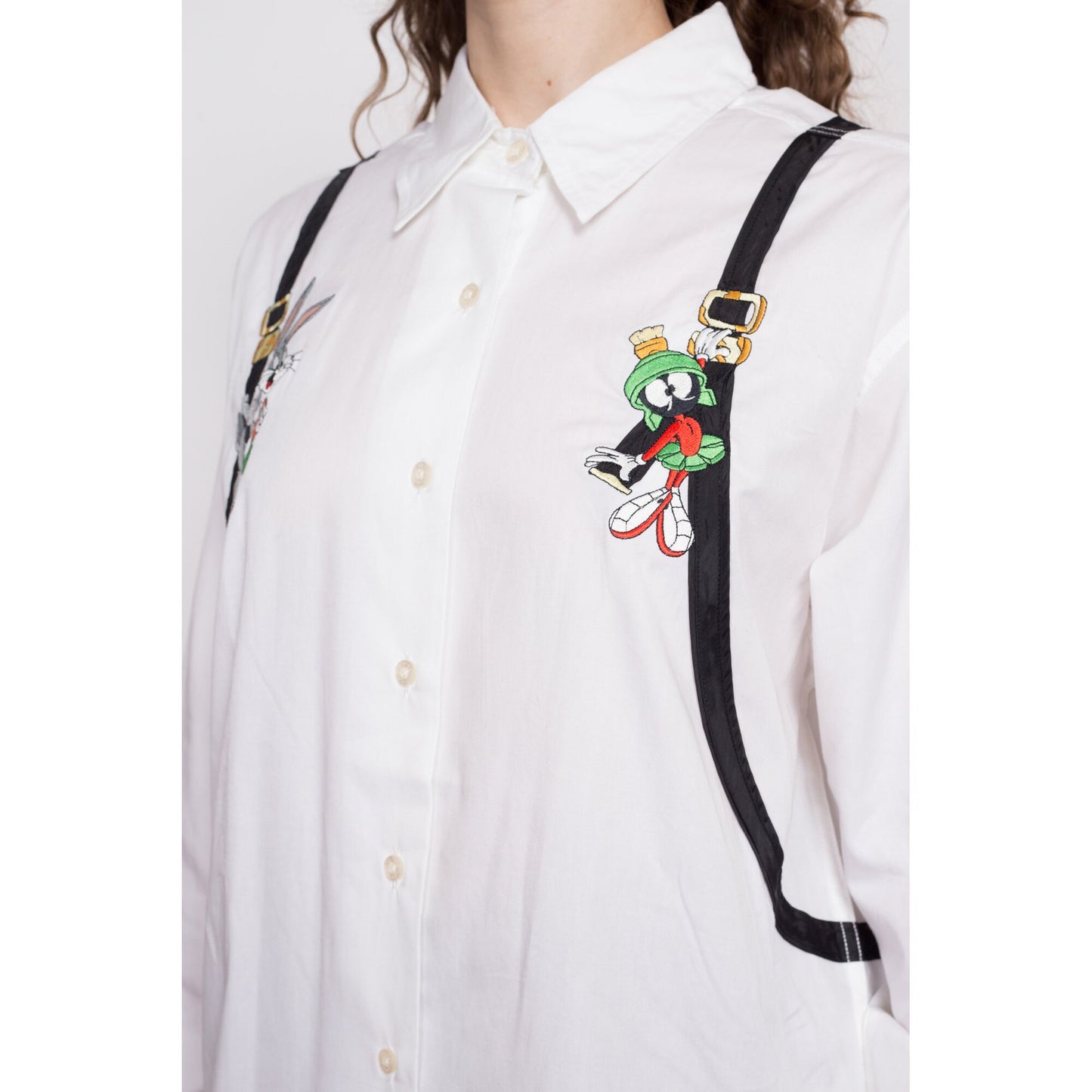 90s Looney Tunes Backpack Shirt - Large | Vintage White Button Up Collared Long Sleeve Novelty Top