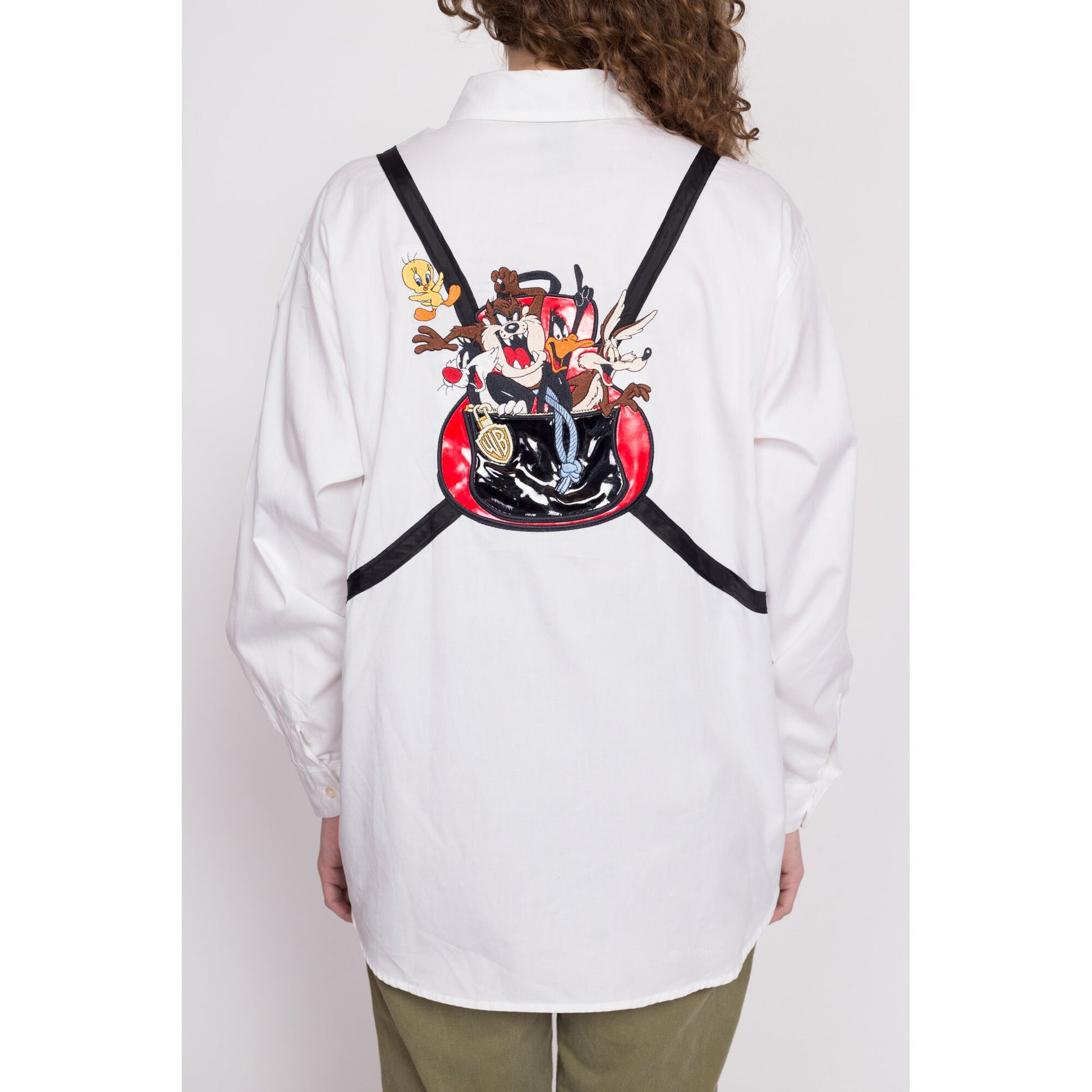 90s Looney Tunes Backpack Shirt - Large | Vintage White Button Up Collared Long Sleeve Novelty Top