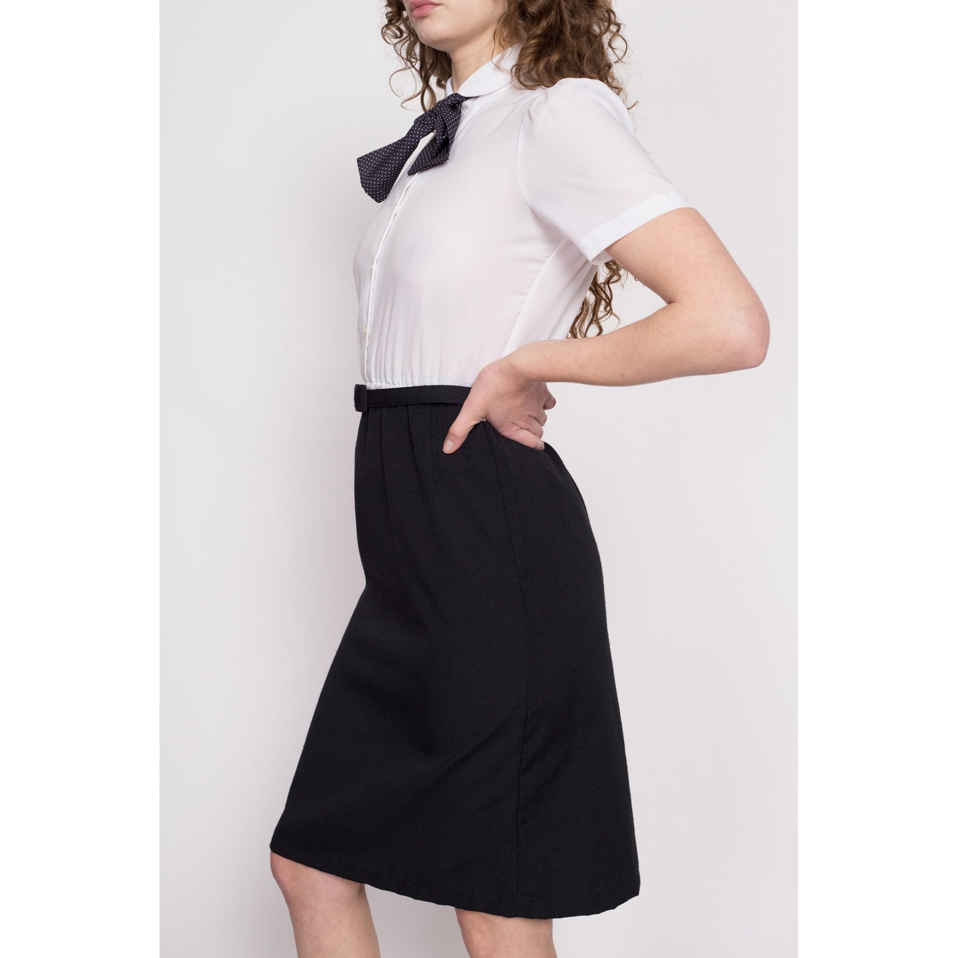 70s Black & White Ascot Tie Secretary Dress - Small | Vintage Two Tone Knee Length Midi Shirtdress