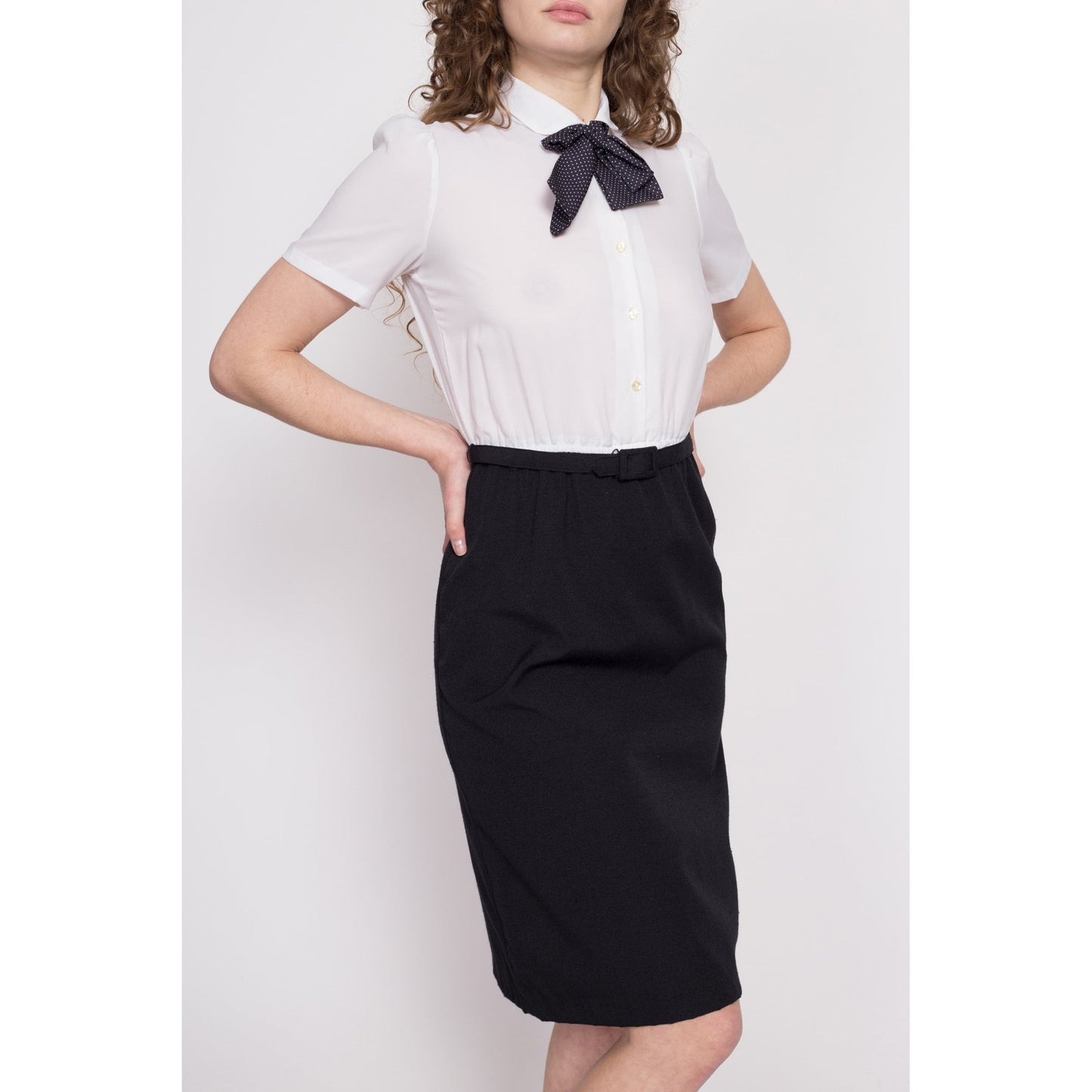 70s Black & White Ascot Tie Secretary Dress - Small | Vintage Two Tone Knee Length Midi Shirtdress