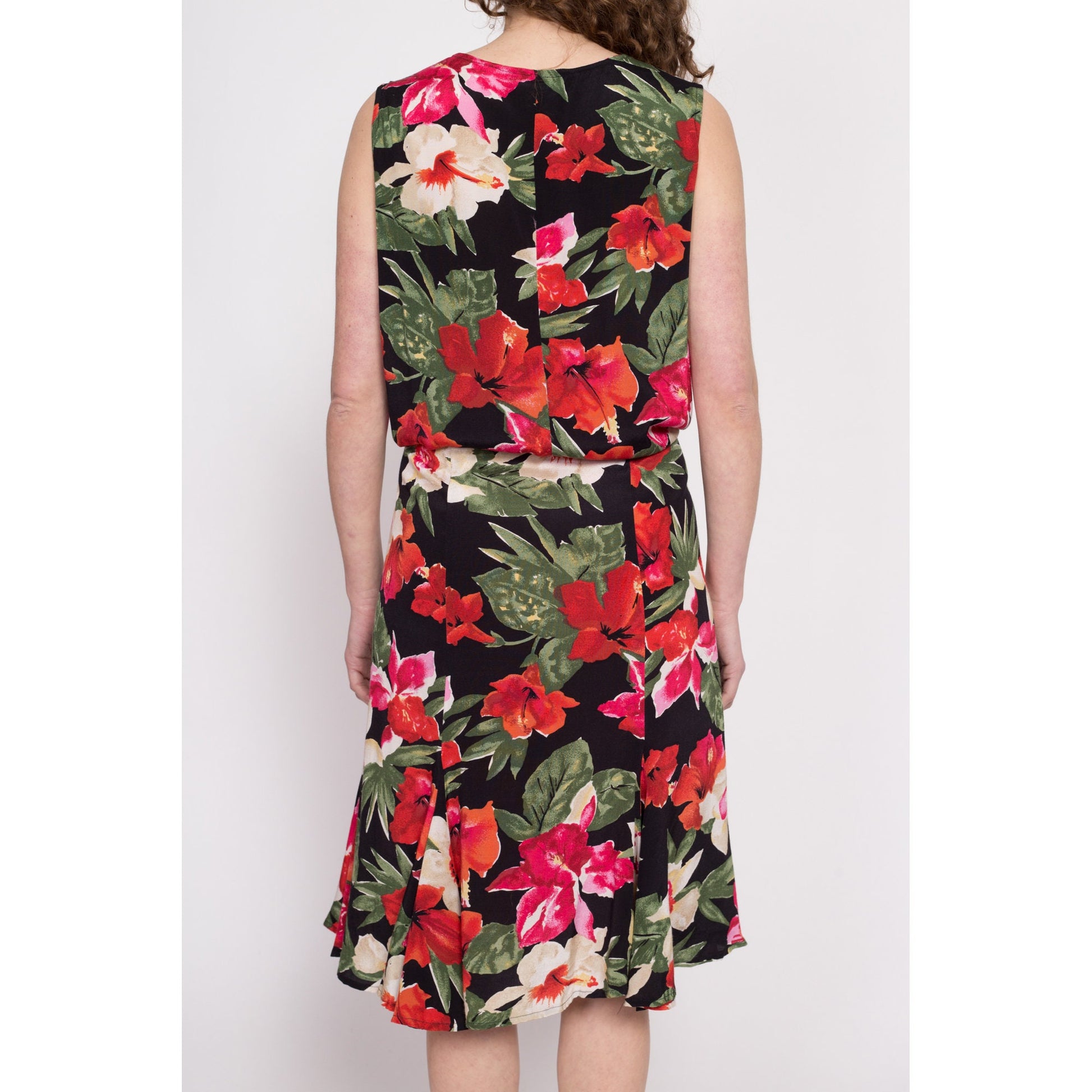 80s Hibiscus Print Blouson Midi Dress - Large | Vintage Boho Floral Sleeveless Black Red Fitted Waist Dress