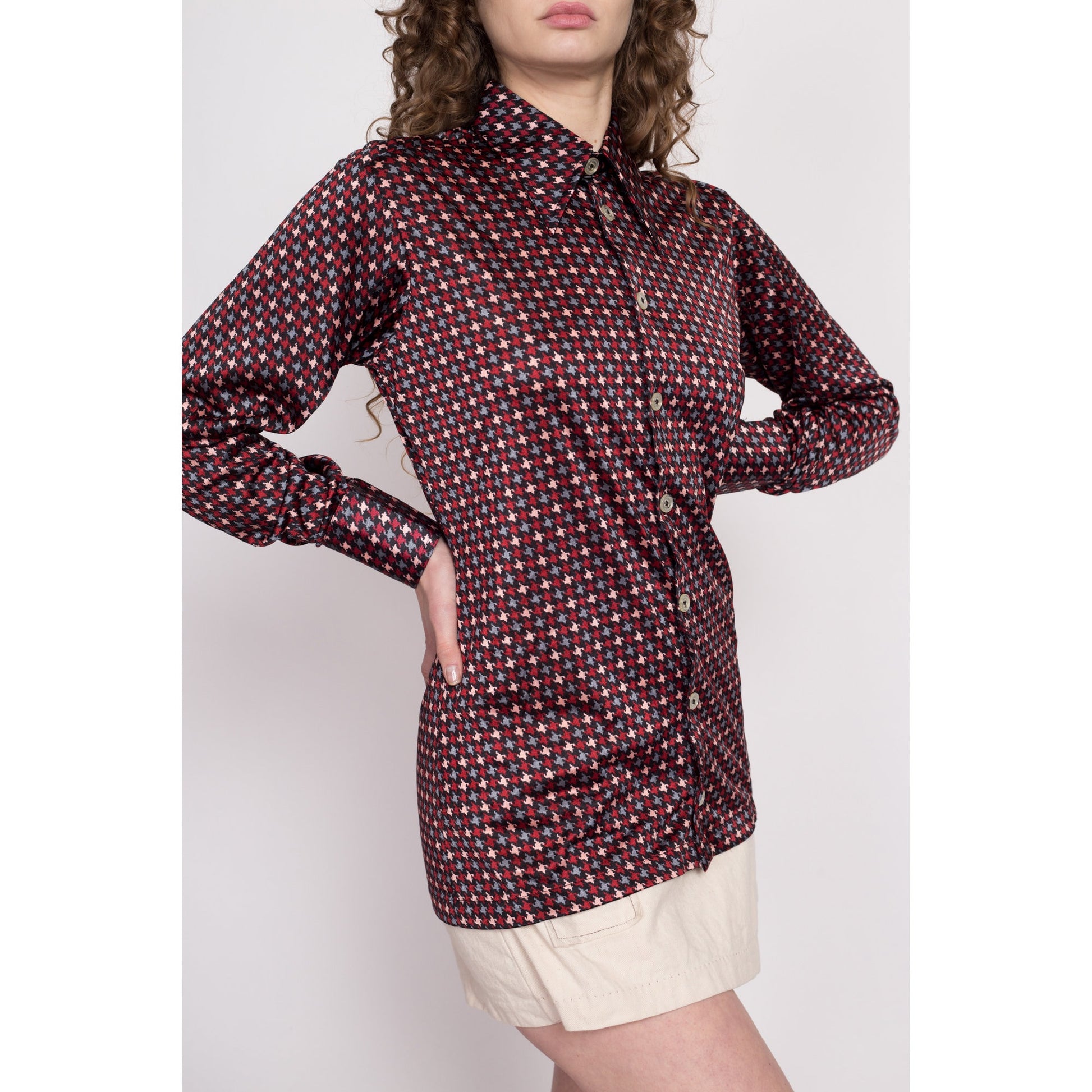 70s Givenchy For Chesa Satin Houndstooth Shirt - Men's Medium | Vintage Long Sleeve Collared Button Up Designer Shirt
