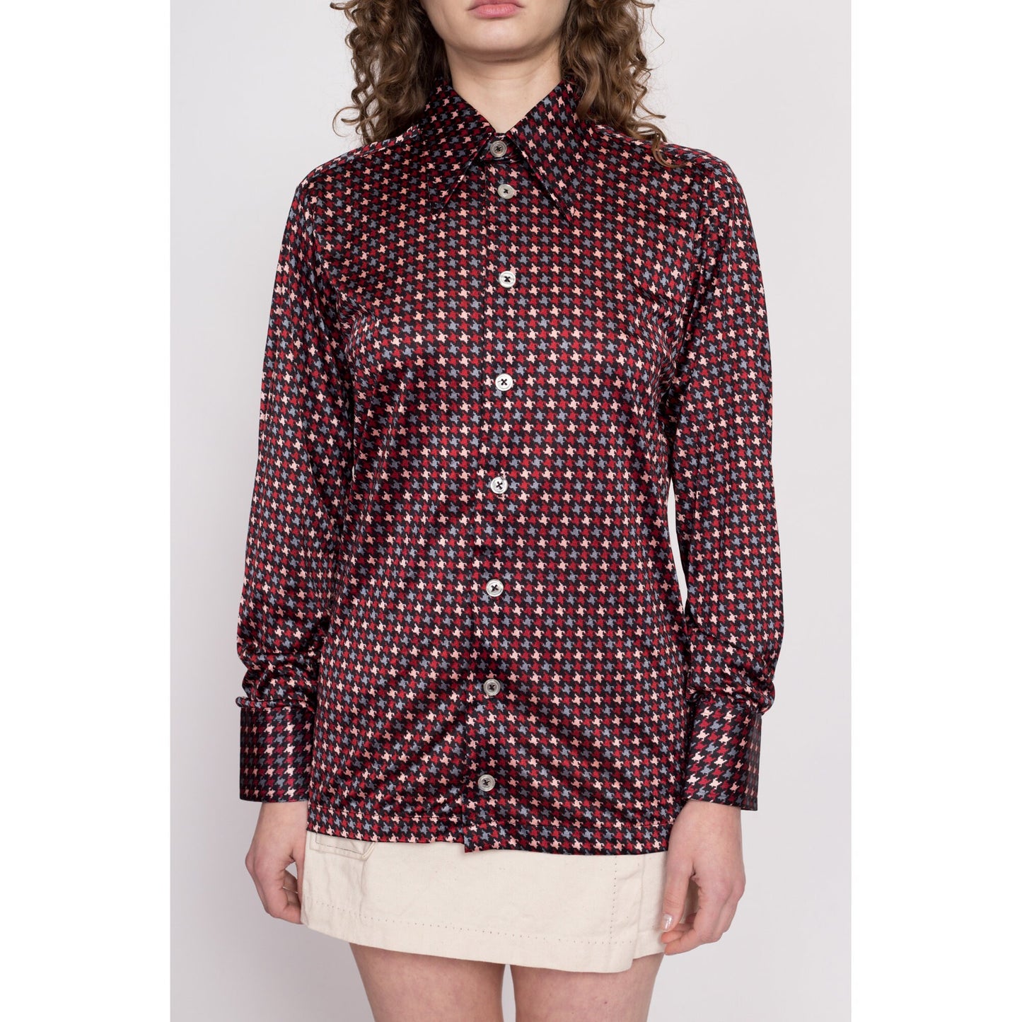70s Givenchy For Chesa Satin Houndstooth Shirt - Men's Medium | Vintage Long Sleeve Collared Button Up Designer Shirt