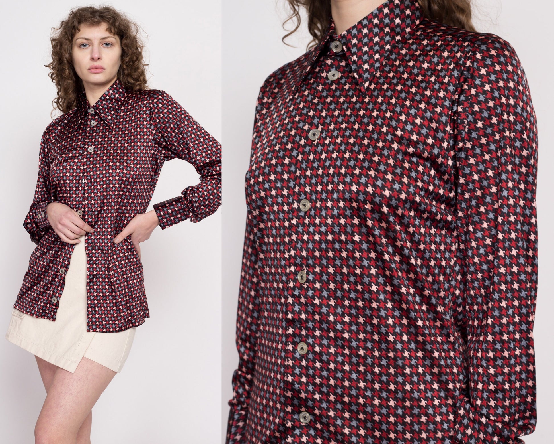 70s Givenchy For Chesa Satin Houndstooth Shirt - Men's Medium | Vintage Long Sleeve Collared Button Up Designer Shirt