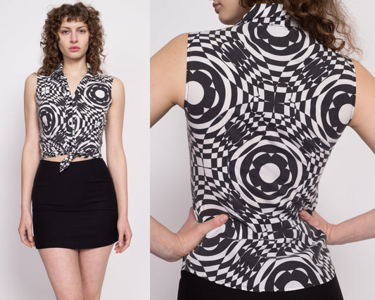 90s Black & White Psychedelic Top - Small | Vintage Optical Illusion Op Art Print Button Up Sleeveless Shirt