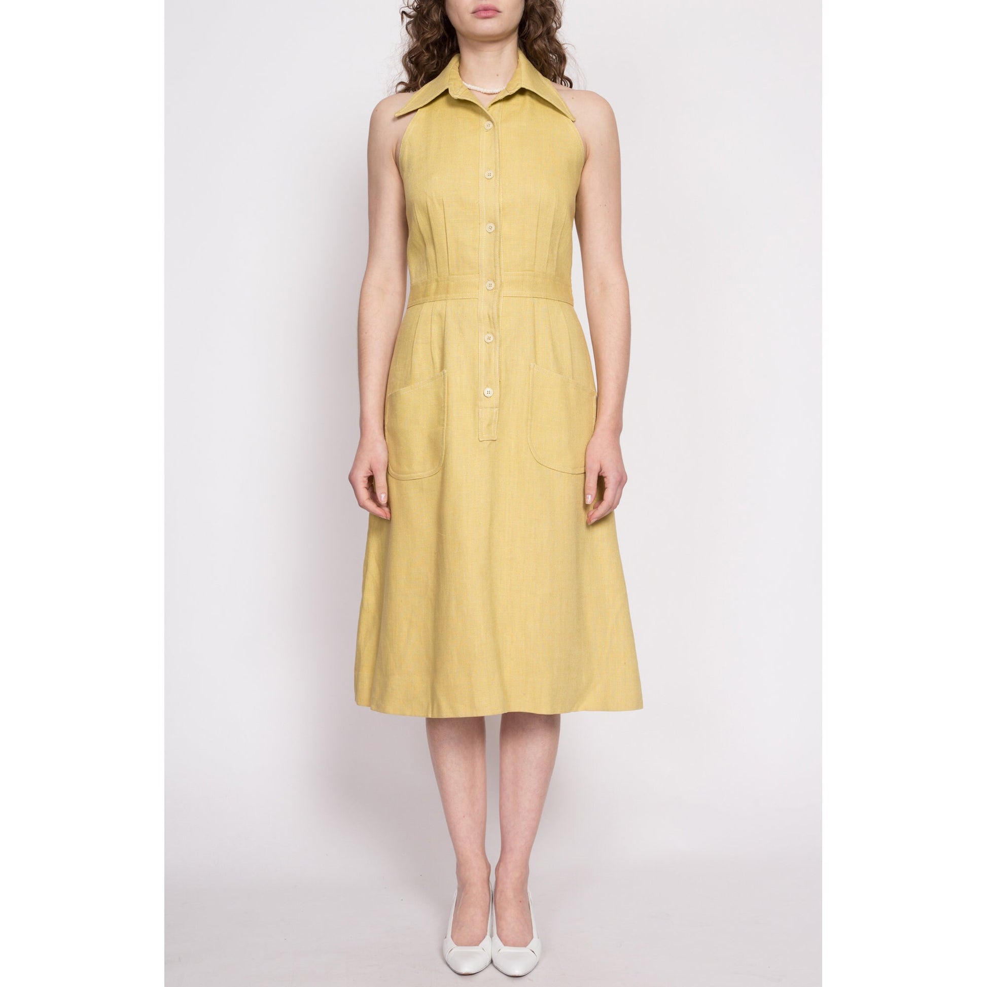 70s Mustard Yellow Linen Racerback Dress - Medium | Vintage Button Up Sleeveless Pocket Midi Dress