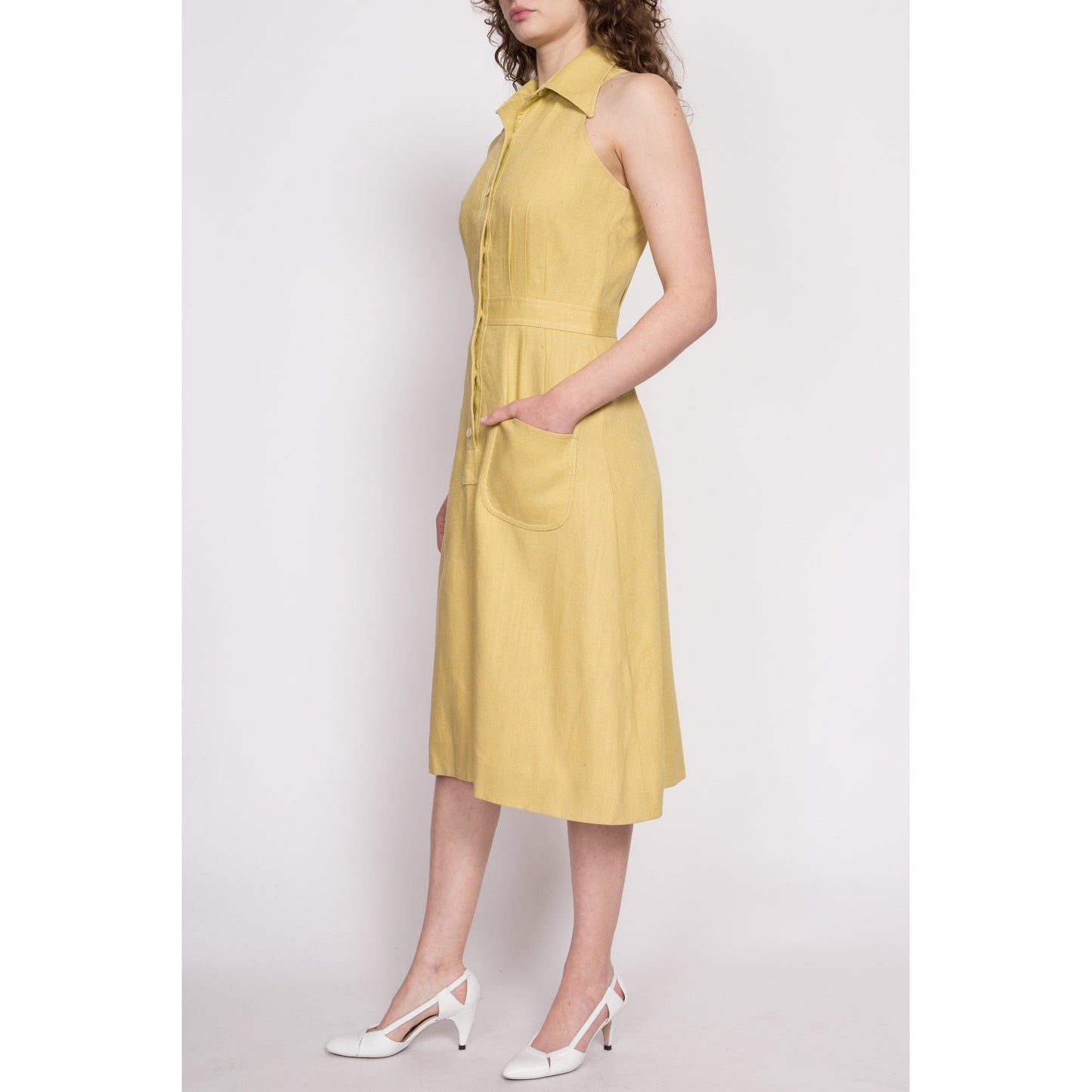 70s Mustard Yellow Linen Racerback Dress - Medium | Vintage Button Up Sleeveless Pocket Midi Dress